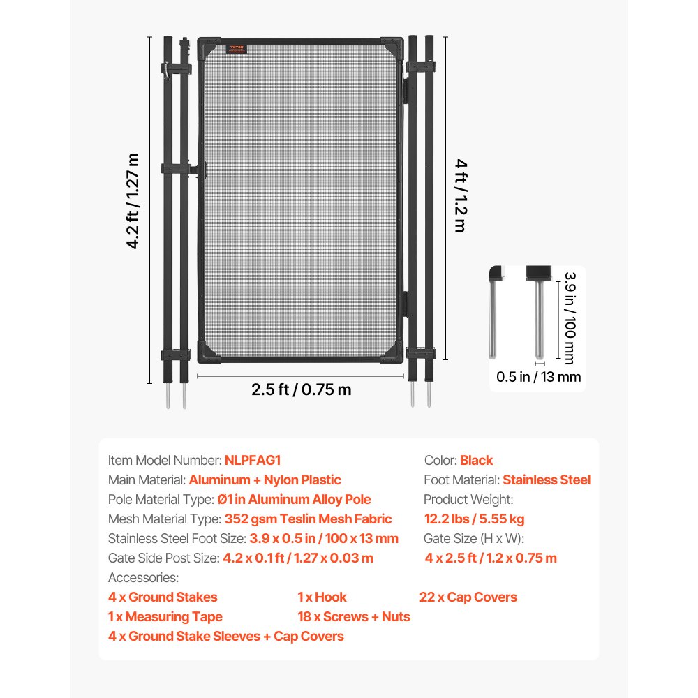 VEVOR Puerta de Seguridad para Piscina 1,2 x 0,75 m, Puerta de Malla Enterrada, Cerradura Automática, con Protectores de Esquinas Redondeados Estacas de Tierra, Multiusos para Jardín Mascota, Negro