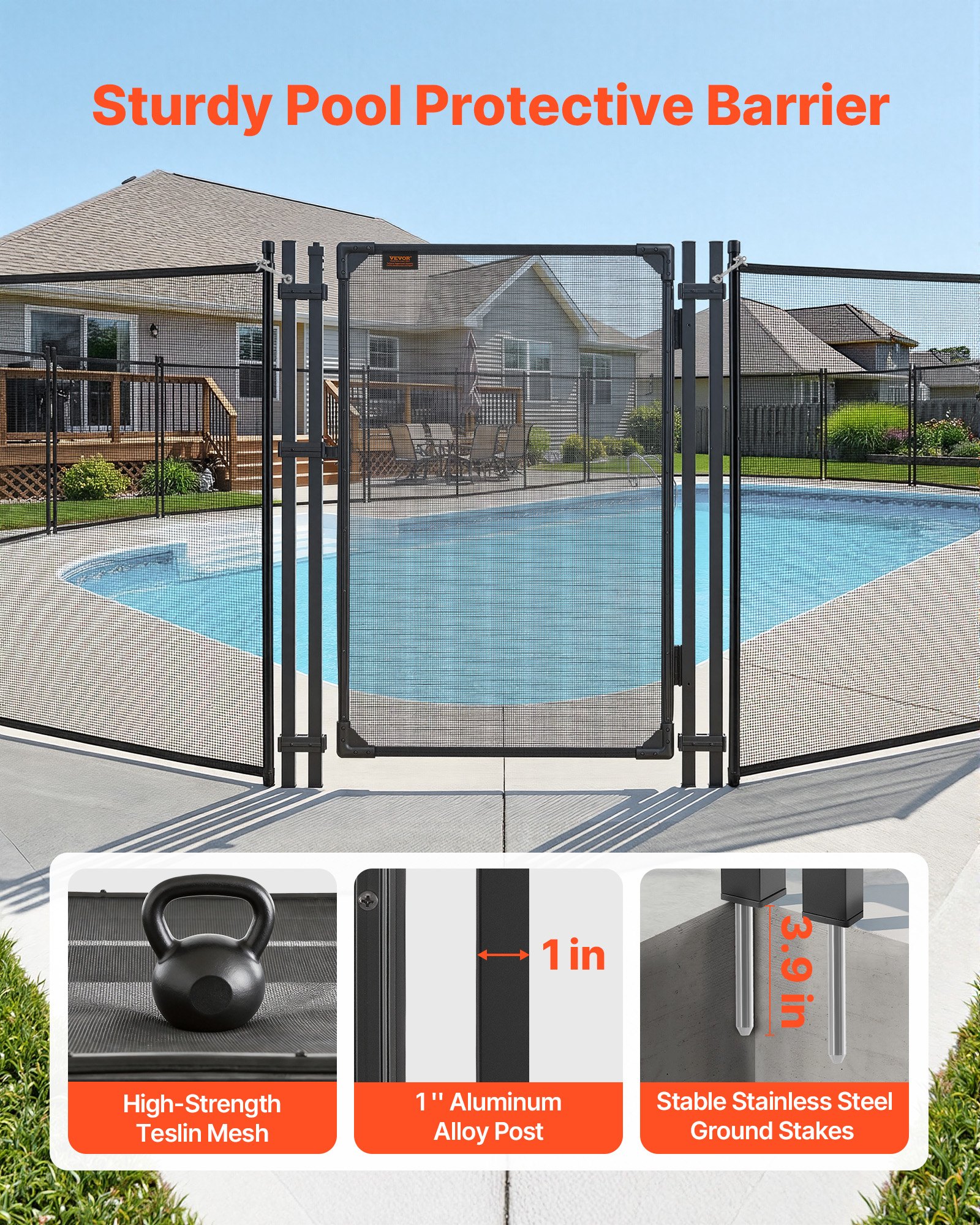 VEVOR Puerta de Seguridad para Piscina 1,2 x 0,75 m, Puerta de Malla Enterrada, Cerradura Automática, con Protectores de Esquinas Redondeados Estacas de Tierra, Multiusos para Jardín Mascota, Negro