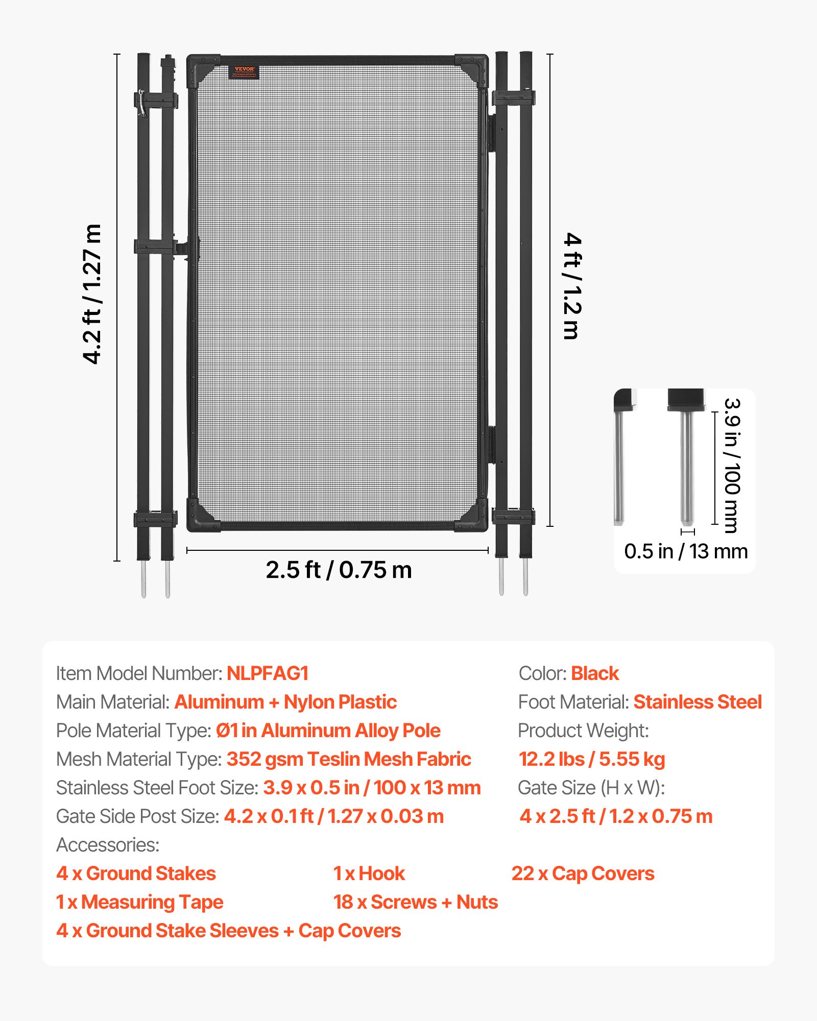 VEVOR Puerta de Seguridad para Piscina 1,2 x 0,75 m, Puerta de Malla Enterrada, Cerradura Automática, con Protectores de Esquinas Redondeados Estacas de Tierra, Multiusos para Jardín Mascota, Negro