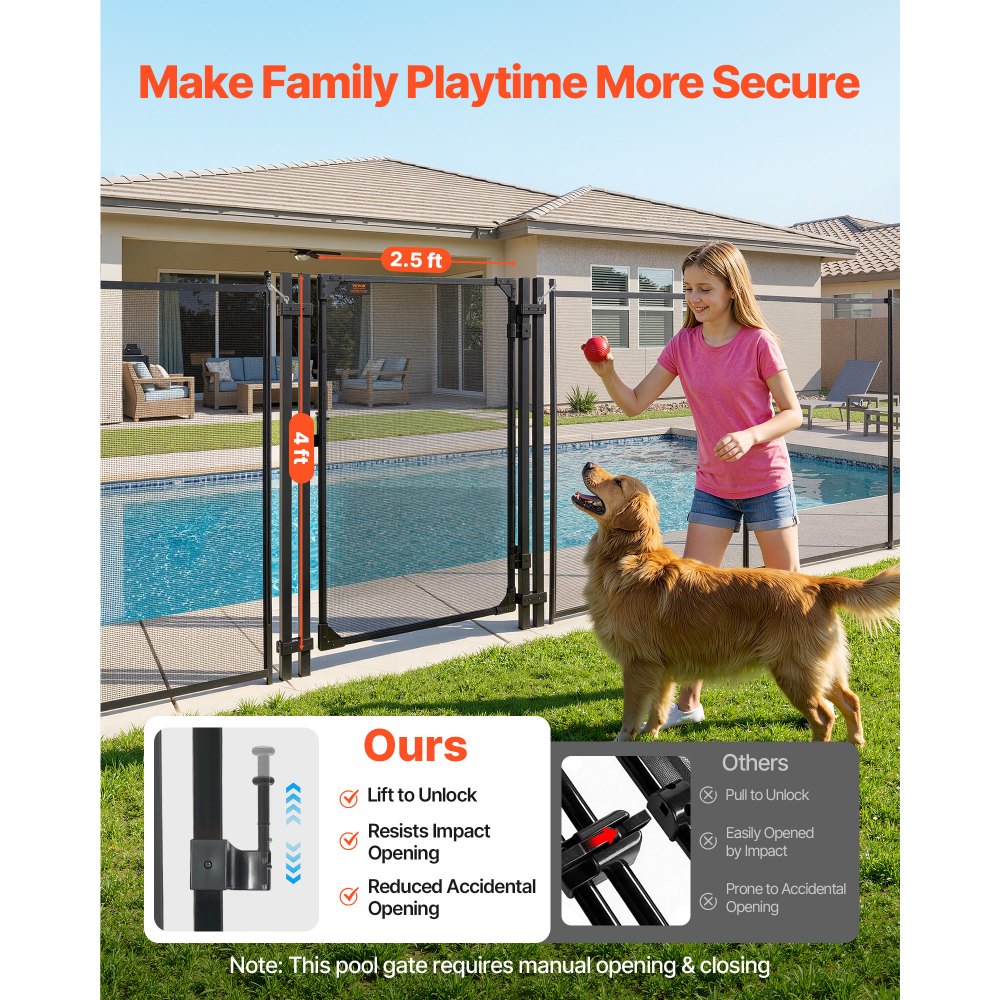 VEVOR Puerta de Seguridad para Piscina 1,2 x 0,75 m, Puerta de Malla Enterrada, con Cerradura de Pestillo Protectores de Esquinas Redondeados Estacas de Tierra de Acero Inoxidable, Malla de PVC, Negro