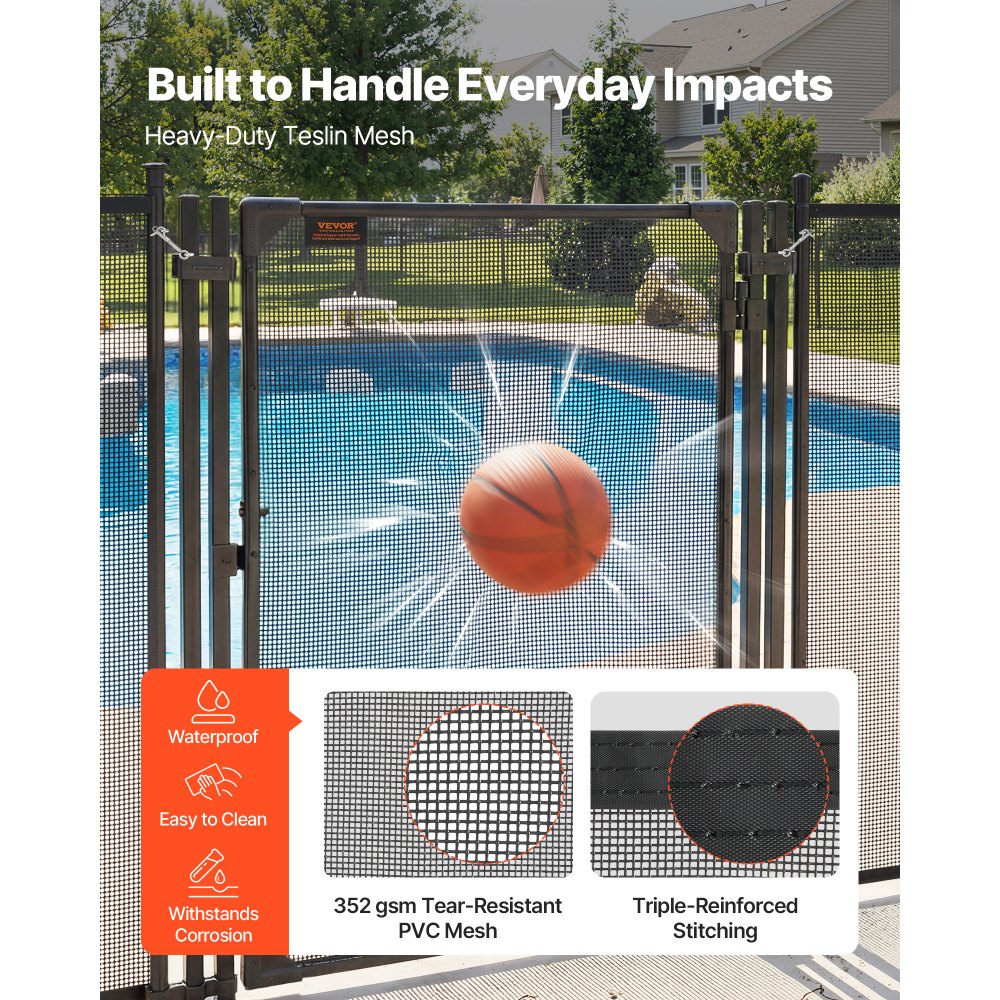 VEVOR Puerta de Seguridad para Piscina 1,2 x 0,75 m, Puerta de Malla Enterrada, con Cerradura de Pestillo Protectores de Esquinas Redondeados Estacas de Tierra de Acero Inoxidable, Malla de PVC, Negro