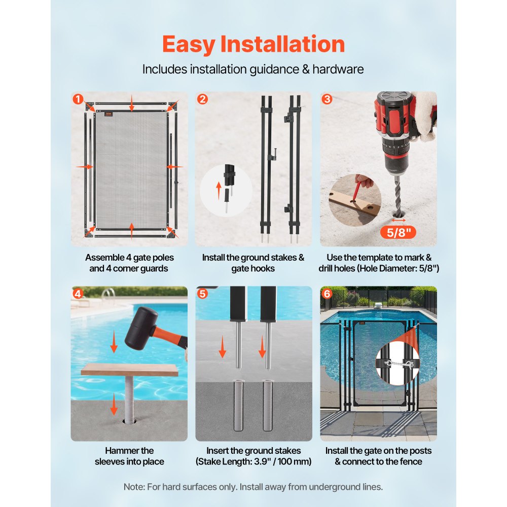 VEVOR Puerta de Seguridad para Piscina 1,2 x 0,75 m, Puerta de Malla Enterrada, con Cerradura de Pestillo Protectores de Esquinas Redondeados Estacas de Tierra de Acero Inoxidable, Malla de PVC, Negro