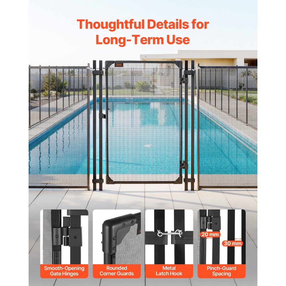VEVOR Puerta de Seguridad para Piscina 1,2 x 0,75 m, Puerta de Malla Enterrada, con Cerradura de Pestillo Protectores de Esquinas Redondeados Estacas de Tierra de Acero Inoxidable, Malla de PVC, Negro