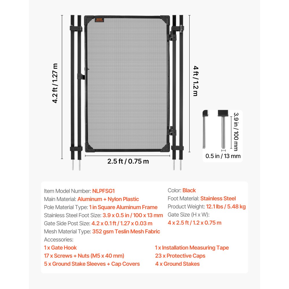 VEVOR Puerta de Seguridad para Piscina 1,2 x 0,75 m, Puerta de Malla Enterrada, con Cerradura de Pestillo Protectores de Esquinas Redondeados Estacas de Tierra de Acero Inoxidable, Malla de PVC, Negro