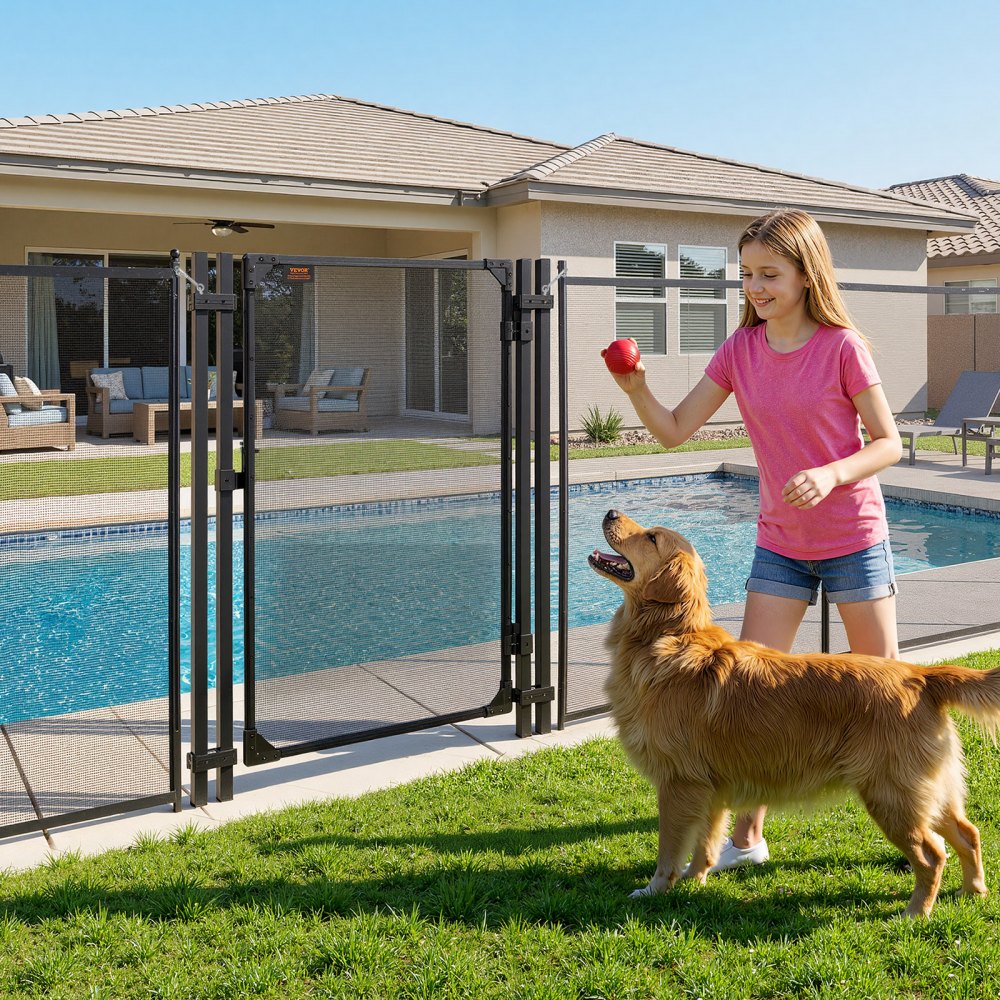 VEVOR Puerta de Seguridad para Piscina 1,2 x 0,75 m, Puerta de Malla Enterrada, con Cerradura de Pestillo Protectores de Esquinas Redondeados Estacas de Tierra de Acero Inoxidable, Malla de PVC, Negro