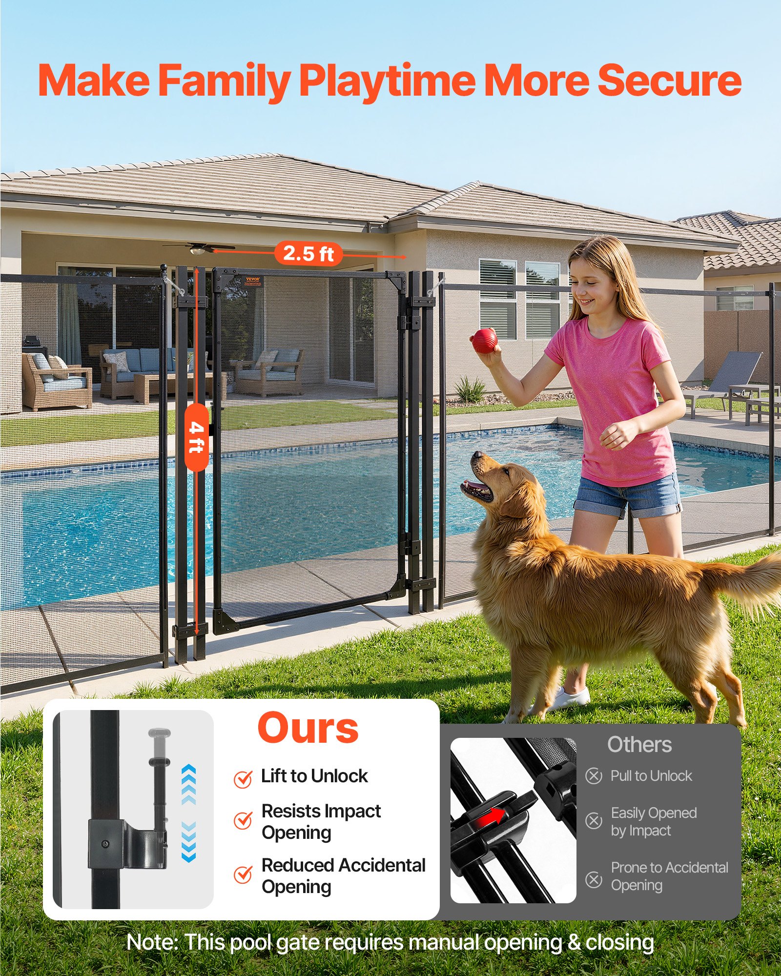 VEVOR Puerta de Seguridad para Piscina 1,2 x 0,75 m, Puerta de Malla Enterrada, con Cerradura de Pestillo Protectores de Esquinas Redondeados Estacas de Tierra de Acero Inoxidable, Malla de PVC, Negro
