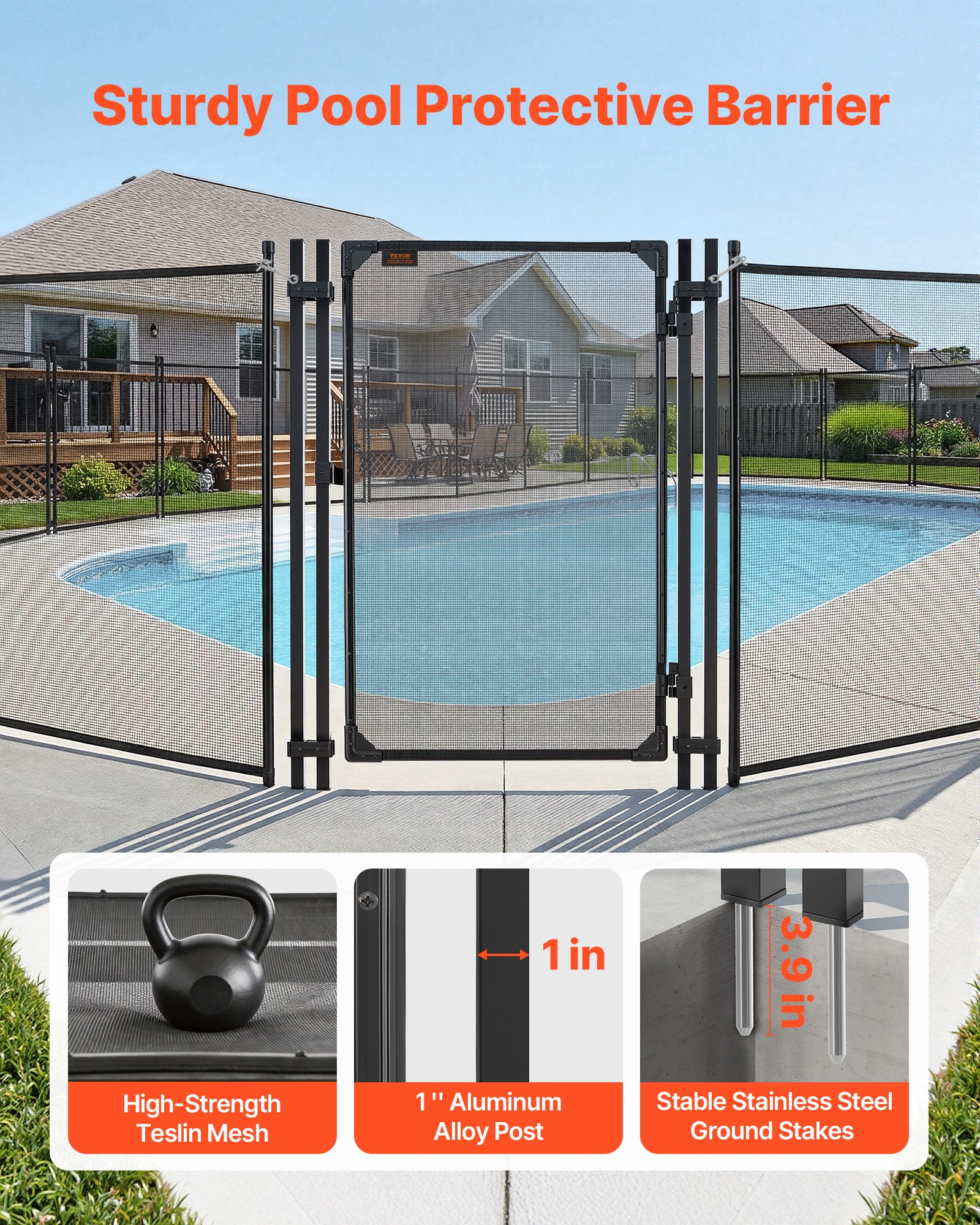 VEVOR Puerta de Seguridad para Piscina 1,2 x 0,75 m, Puerta de Malla Enterrada, con Cerradura de Pestillo Protectores de Esquinas Redondeados Estacas de Tierra de Acero Inoxidable, Malla de PVC, Negro