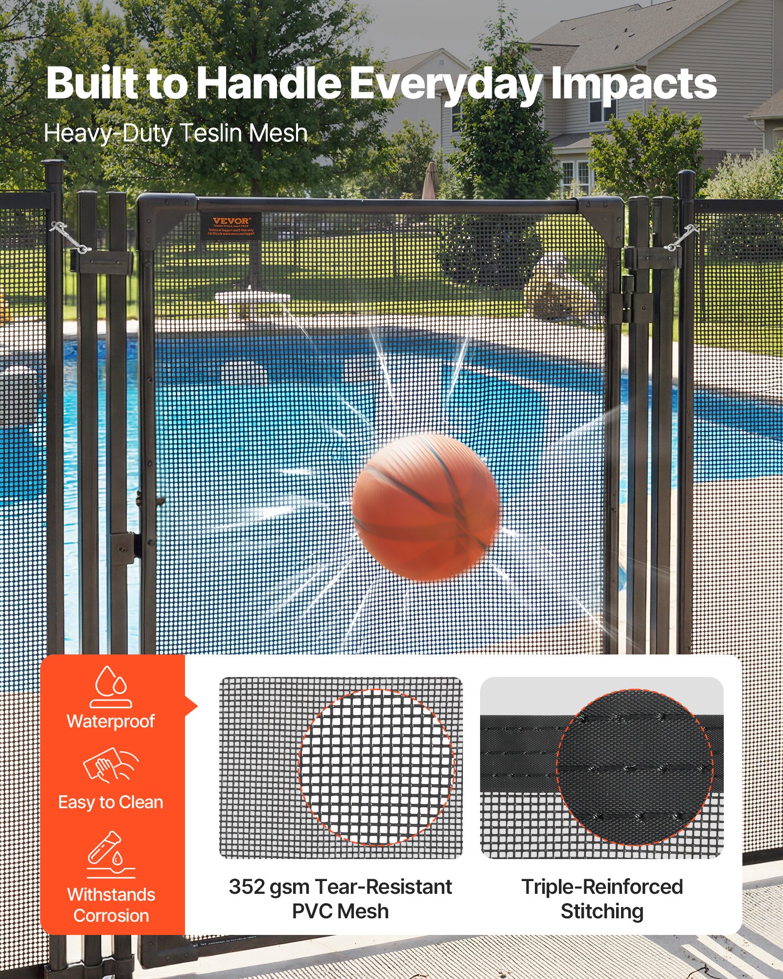 VEVOR Puerta de Seguridad para Piscina 1,2 x 0,75 m, Puerta de Malla Enterrada, con Cerradura de Pestillo Protectores de Esquinas Redondeados Estacas de Tierra de Acero Inoxidable, Malla de PVC, Negro