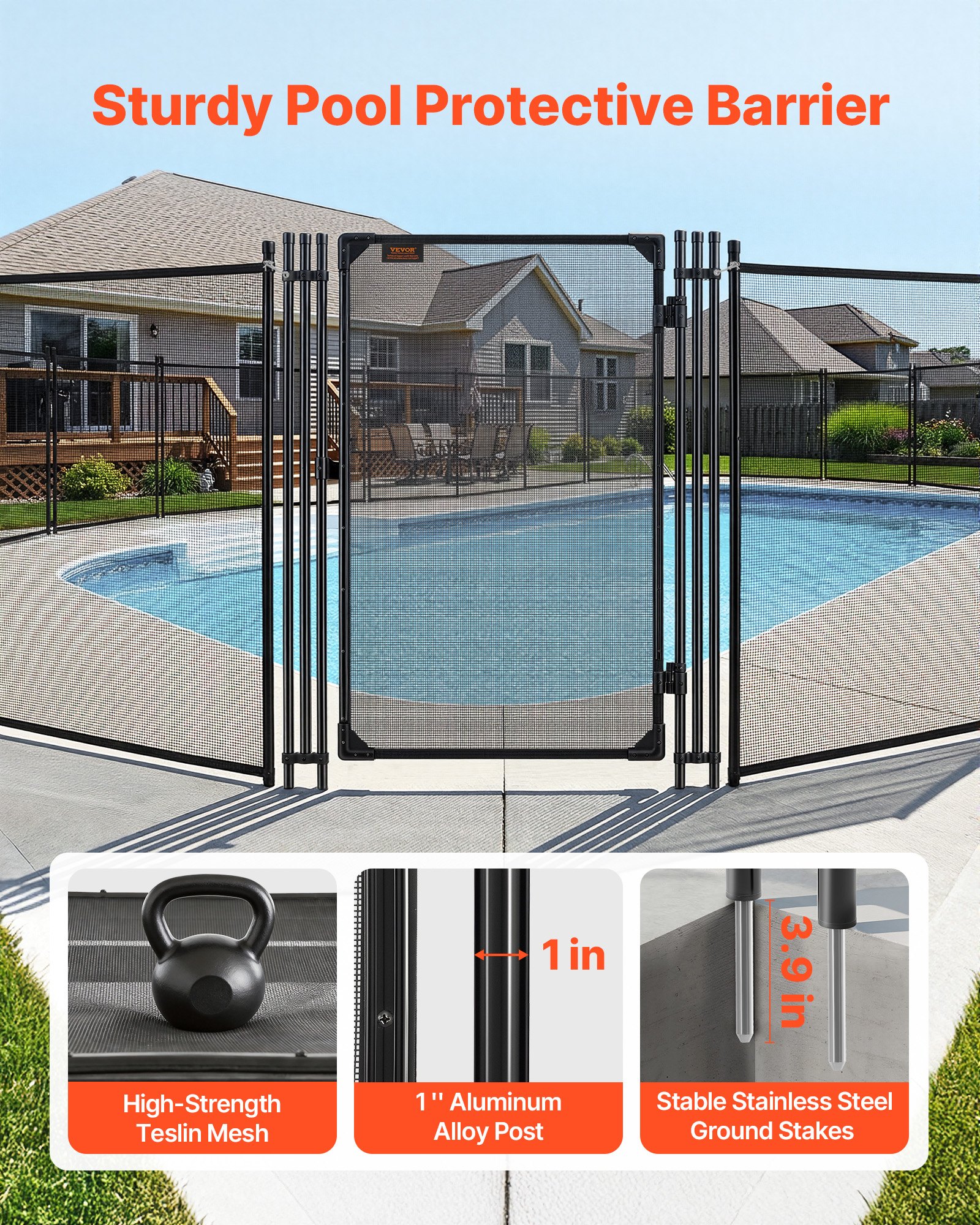 VEVOR Puerta de Seguridad para Piscina 1,2 x 0,75 m, Puerta de Malla Enterrada, con Cerradura de Pestillo Postes de Aluminio Estacas de Acero Inoxidable, Malla de PVC Resistente al Desgarro, Negro