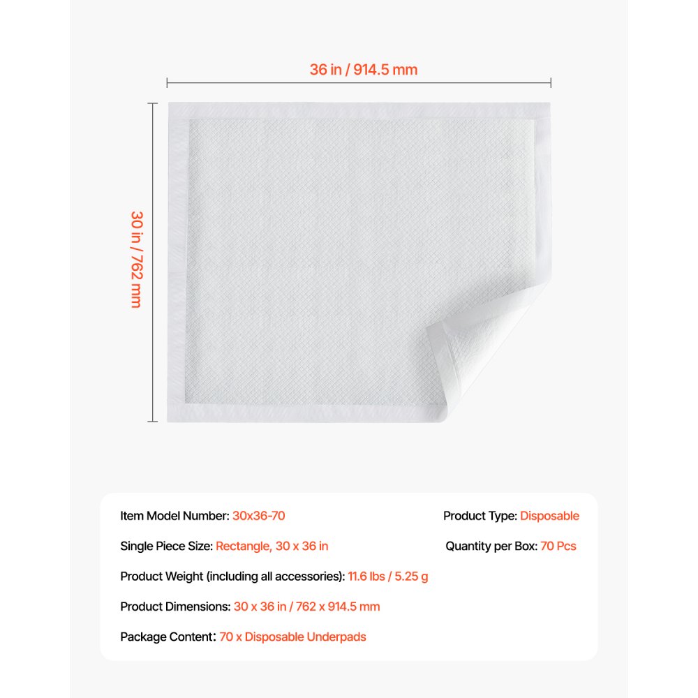 VEVOR Empapadores Desechables para Incontinencia, Superabsorbentes, con 5 Capas de Protección para Cama, Sofá y Colchón, para Enuresis, Mascotas, Adultos, Niños y Ancianos, 762 x 914,5 mm, 70 uds