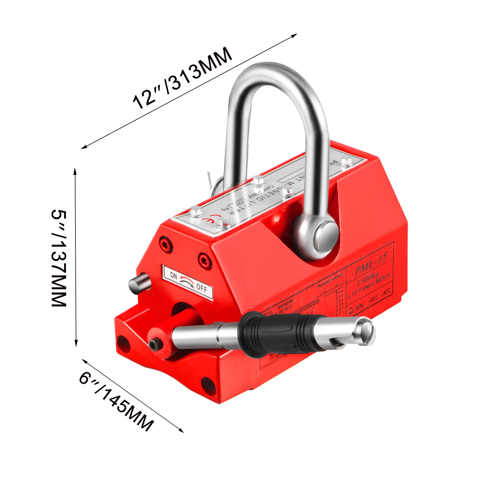 VEVOR Elevador Magnético Permanente 1,500 kg Levantador Magnético de Modelo PML-15 Dimensión de 313 x 145 x 137 mm Imán de Levantamiento Magnético Peso Neto de 34 kg para Levantar Láminas de Acero