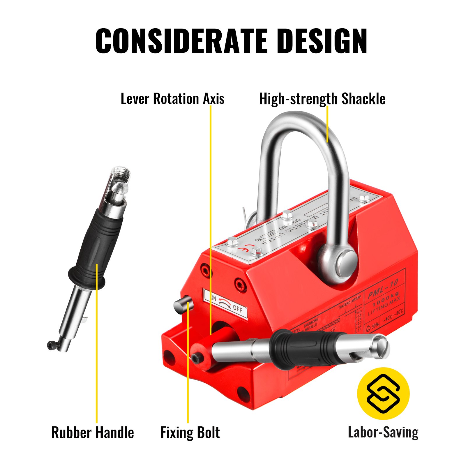 VEVOR Elevador Magnético Permanente 1,000 kg Levantador Magnético de Modelo PML-10 Dimensión de 287 x 145 x 137 mm Imán de Levantamiento Magnético Peso Neto de 30 kg para Levantar Láminas de Acero