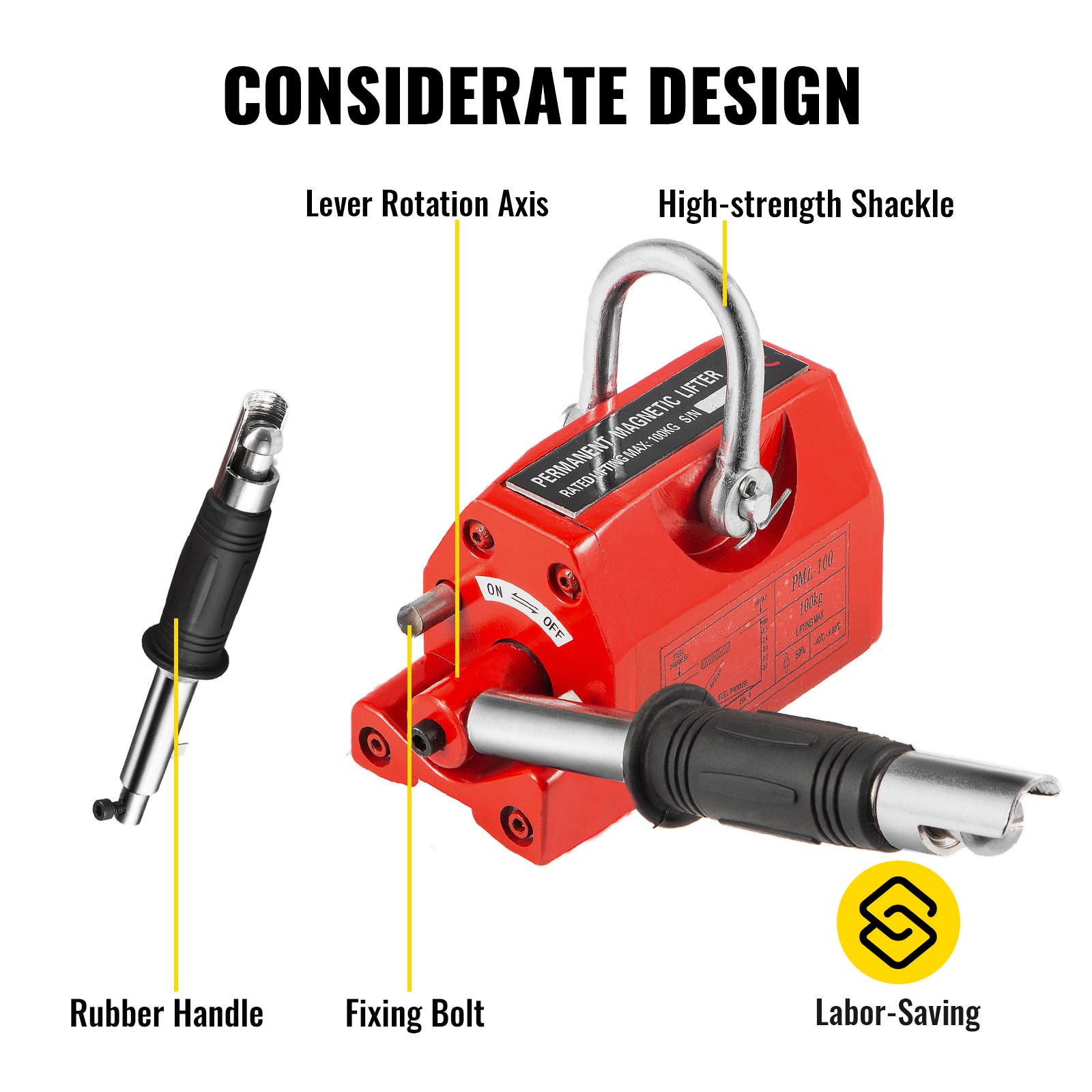 VEVOR Elevador Magnético Permanente 100 kg Levantador Magnético de Acero Modelo PML-1 Dimensión de 135 x 67,5 x 76 mm Imán de Levantamiento Magnético Peso Neto de 2,8 kg para Levantar Láminas de Acero