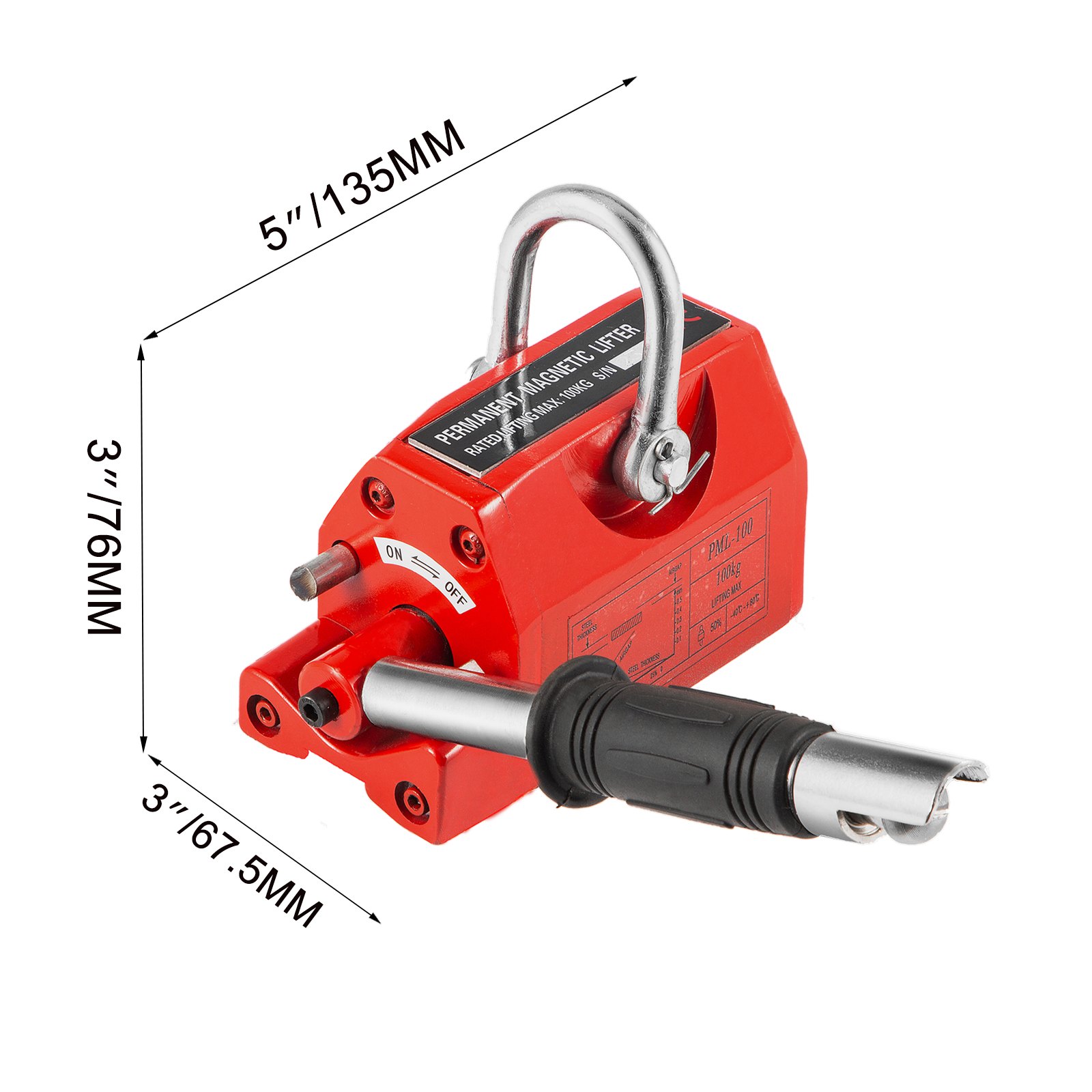 VEVOR Elevador Magnético Permanente 100 kg Levantador Magnético de Acero Modelo PML-1 Dimensión de 135 x 67,5 x 76 mm Imán de Levantamiento Magnético Peso Neto de 2,8 kg para Levantar Láminas de Acero