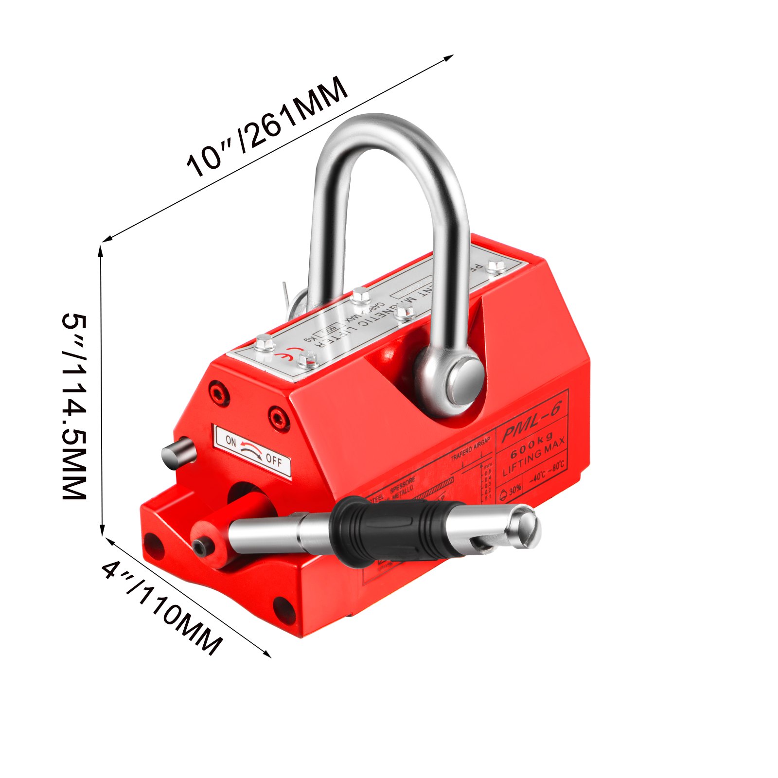 VEVOR Elevador Magnético Permanente 600 kg Levantador Magnético de Modelo PML-6 Dimensión de 261 x 110 x 114,5 mm Imán de Levantamiento Magnético Peso Neto de 19 kg para Levantar Láminas de Acero