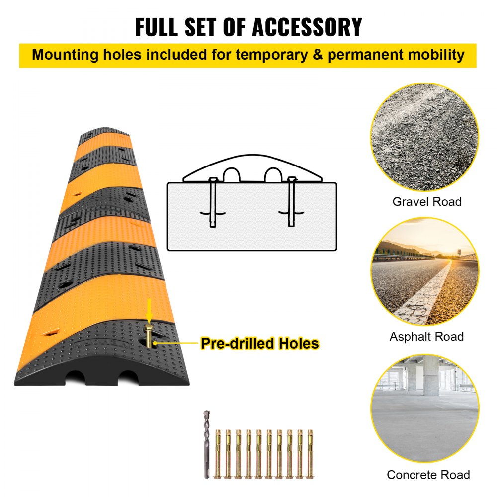 VEVOR Rubber Cable Bridge, Set of 2, 2-Channel Speed Bump, Modular Speed Bump with a Load Capacity of 9980 kg, 102 x 30 x 6 cm Garage Speed Bump for Asphalt, Concrete & Gravel Driveways