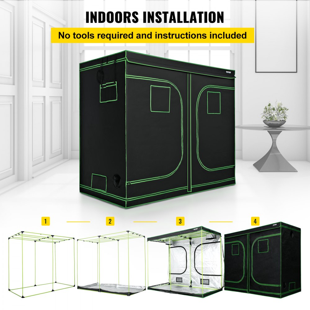 VEVOR Armario de Cultivo Interior 243,8 x 121,9 x 203,2 cm Carpa de Cultivo Hidropónico Mylar Oxford 600D Resistente al Agua y a la Luz Tienda de Cultivo para Planta y Vegetación en Interiores Negro