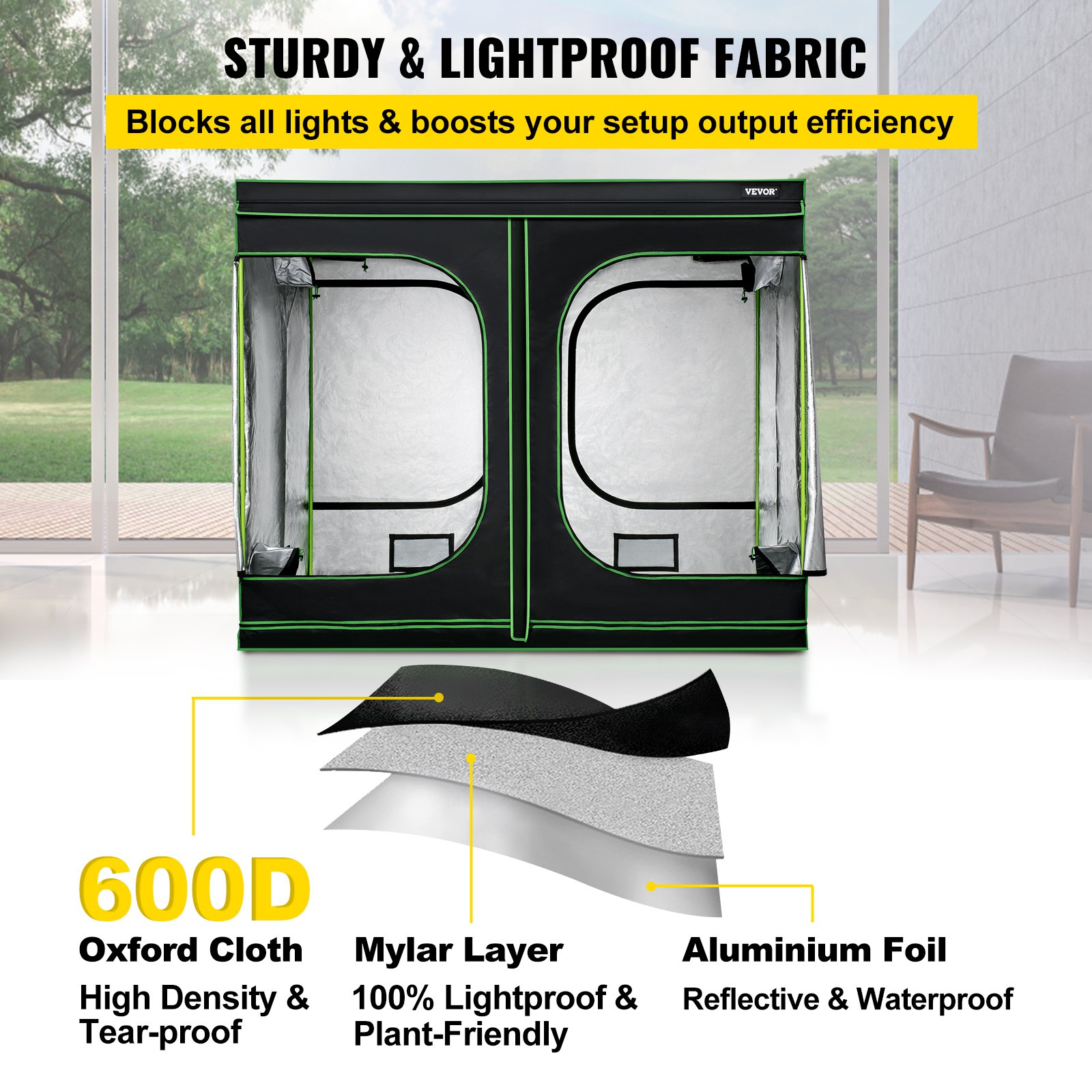 VEVOR Armario de Cultivo Interior 243,8 x 121,9 x 203,2 cm Carpa de Cultivo Hidropónico Mylar Oxford 600D Resistente al Agua y a la Luz Tienda de Cultivo para Planta y Vegetación en Interiores Negro
