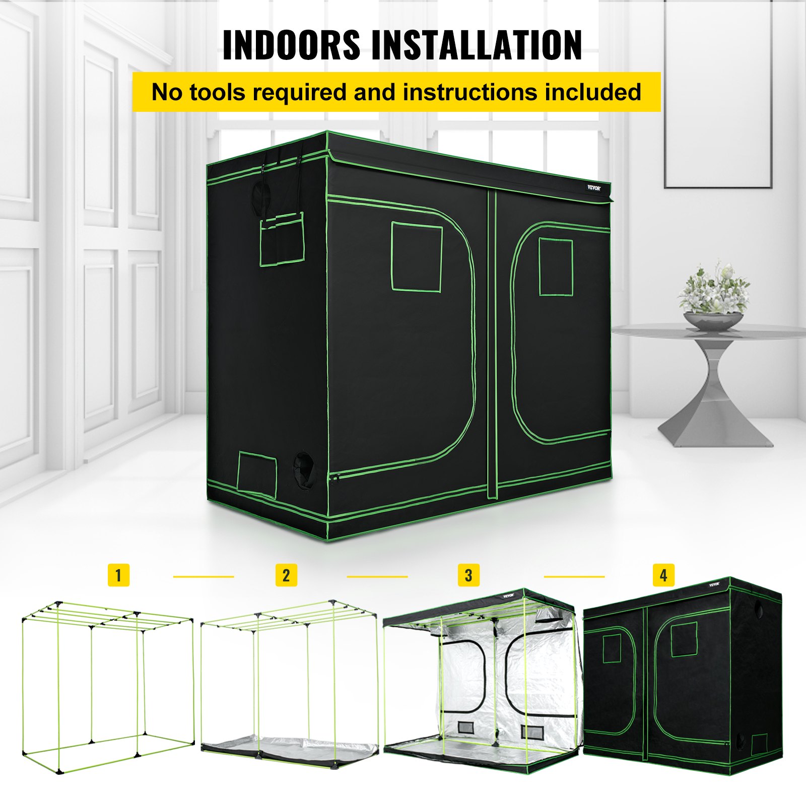VEVOR Armario de Cultivo Interior 243,8 x 121,9 x 203,2 cm Carpa de Cultivo Hidropónico Mylar Oxford 600D Resistente al Agua y a la Luz Tienda de Cultivo para Planta y Vegetación en Interiores Negro