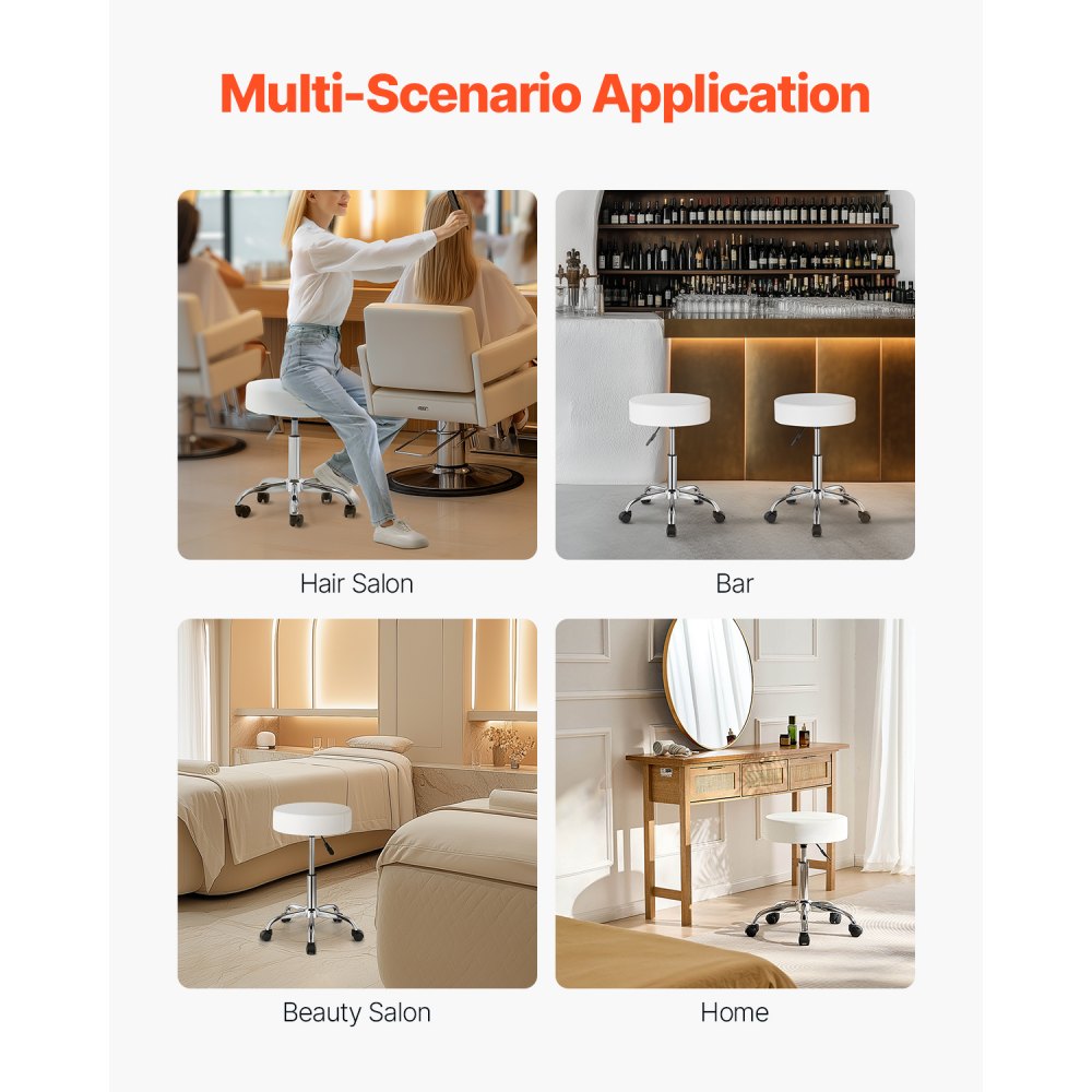 VEVOR Round Saddle Stool, Rolling Stool, 204 kg Load Capacity, Height Adjustable (55-71 cm), Swivel Stool, Work Stool, PU Leather Swivel Saddle Chair, Suitable for Salon, Spa, Massage, Clinic, White