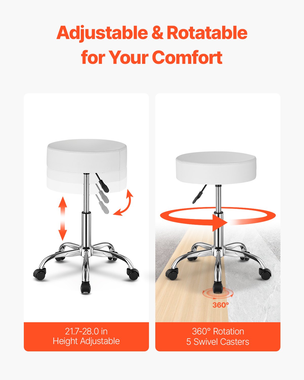 VEVOR Round Saddle Stool, Rolling Stool, 204 kg Load Capacity, Height Adjustable (55-71 cm), Swivel Stool, Work Stool, PU Leather Swivel Saddle Chair, Suitable for Salon, Spa, Massage, Clinic, White