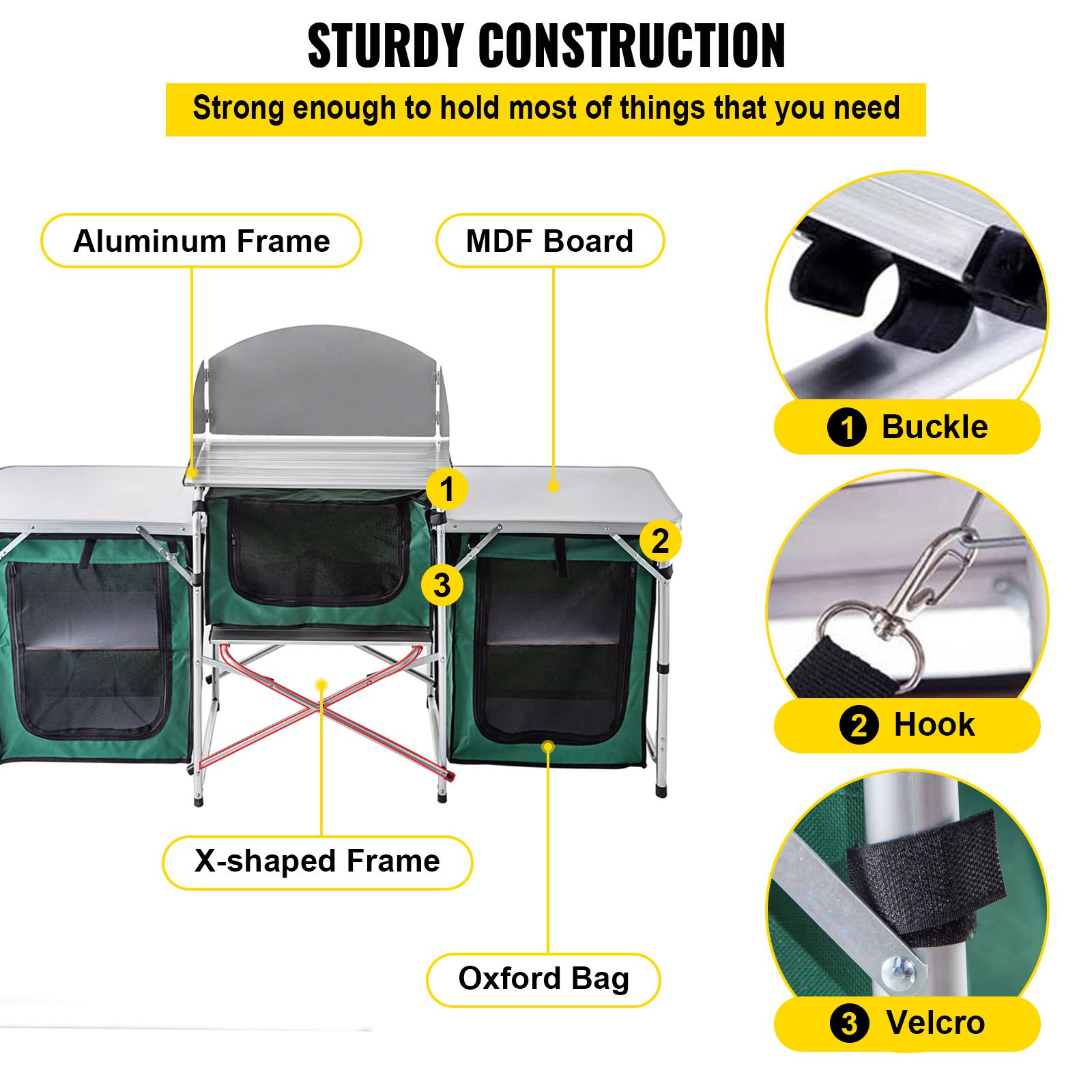 VEVOR Mueble Cocina Al Aire Libre Camping Plegable Mesa Armario de Cocina con 3 Bolsas con Cremallera Verde Se Usa Ampliamente para Barbacoas,Picnics,Fiestas Al Aire Libre y Diversas Actividades