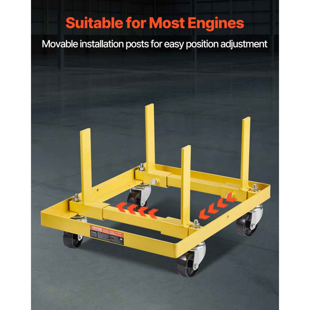 VEVOR Engine Stand/Hover (340 kg load capacity) with adjustable width & length, heavy-duty steel engine mount with 4 swivel casters and 2 ratchet straps, suitable for most engines