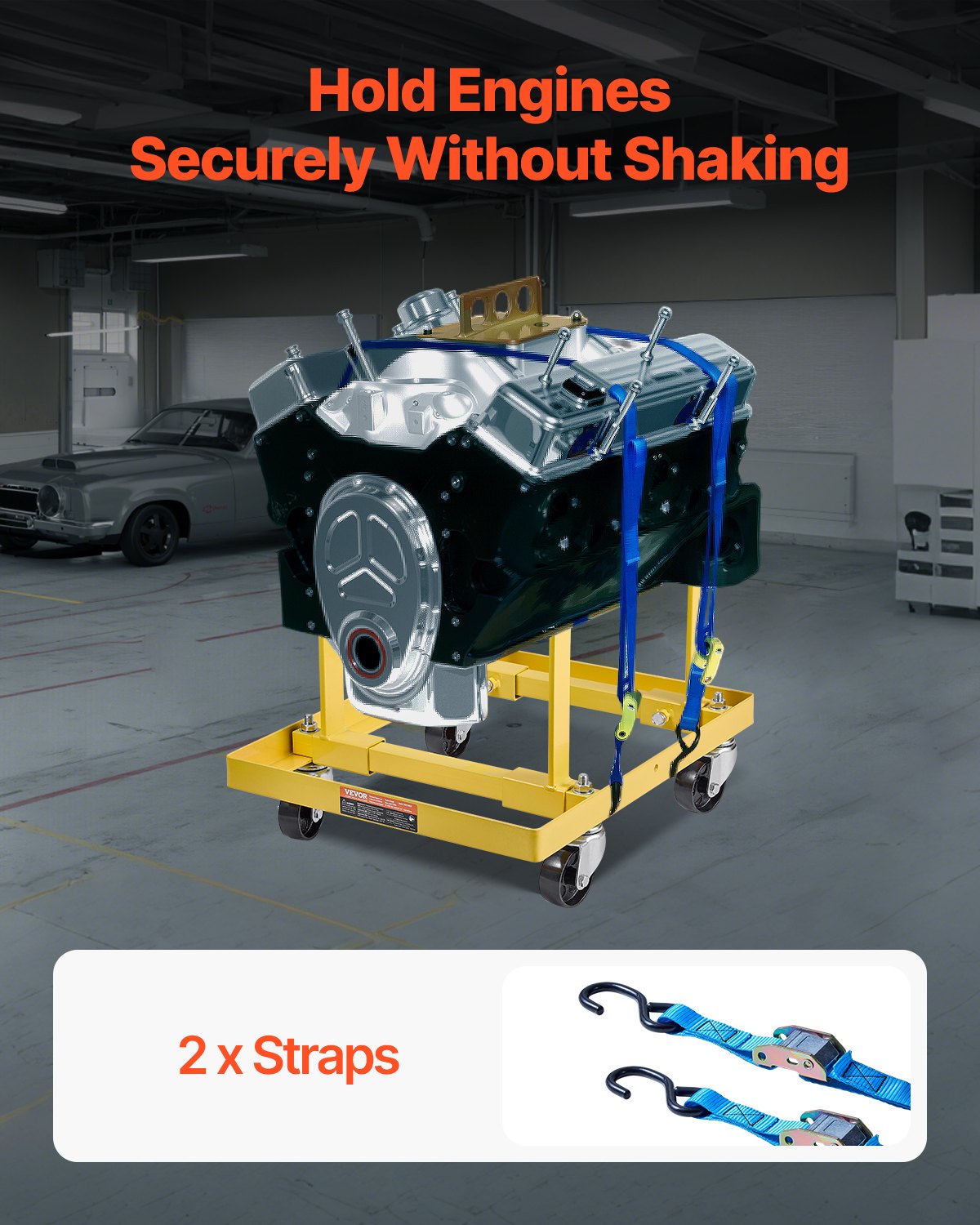 VEVOR Engine Stand/Hover (340 kg load capacity) with adjustable width & length, heavy-duty steel engine mount with 4 swivel casters and 2 ratchet straps, suitable for most engines