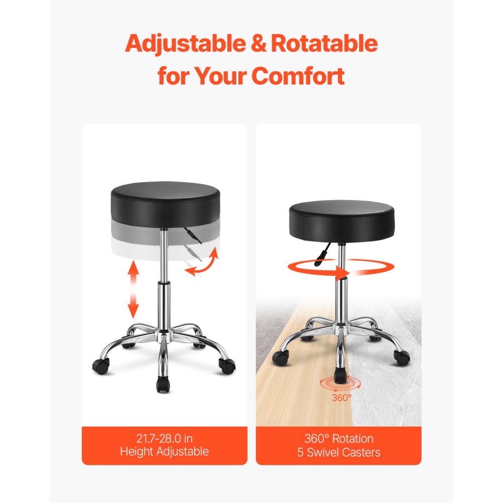 VEVOR Taburete Redondo Giratoria de Altura Ajustable de 55-71 cm, Carga de 204 kg, Taburete de Trabajo, Taburete Redondo Giratoria Ergonómica de Cuero de PU para Salón Spa Clínica de Masaje, Negro