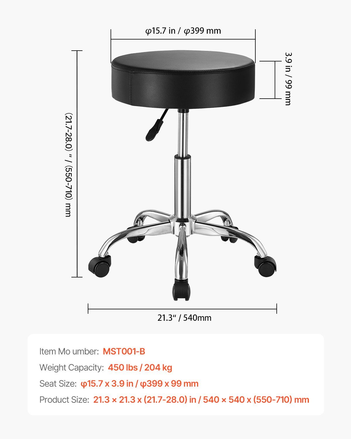 VEVOR Taburete Redondo Giratoria de Altura Ajustable de 55-71 cm, Carga de 204 kg, Taburete de Trabajo, Taburete Redondo Giratoria Ergonómica de Cuero de PU para Salón Spa Clínica de Masaje, Negro