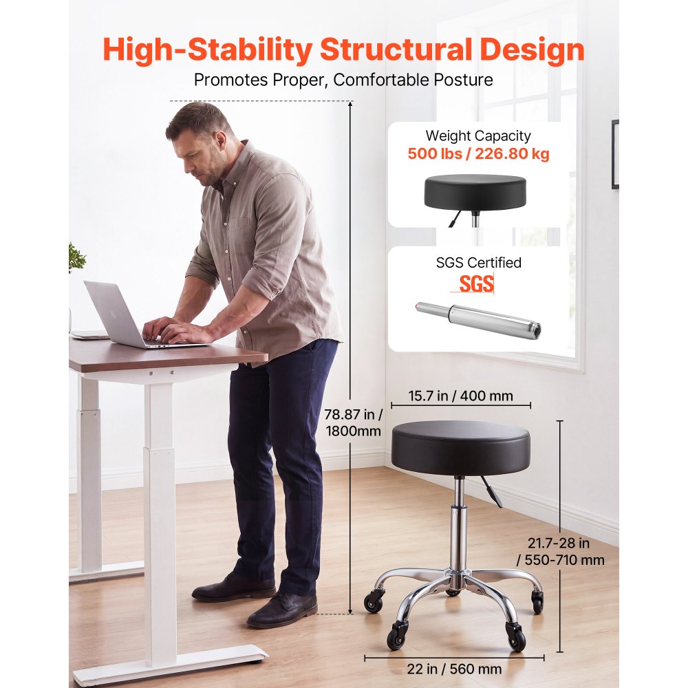 VEVOR Taburete Giratorio de Trabajo, Taburete con Ruedas, Capacidad de Carga de 226,8 kg, Altura Ajustable de 55-71 cm, Giro 360°, Asiento Ergonómico Acolchado, para Oficina Estudio Clínica Hogar