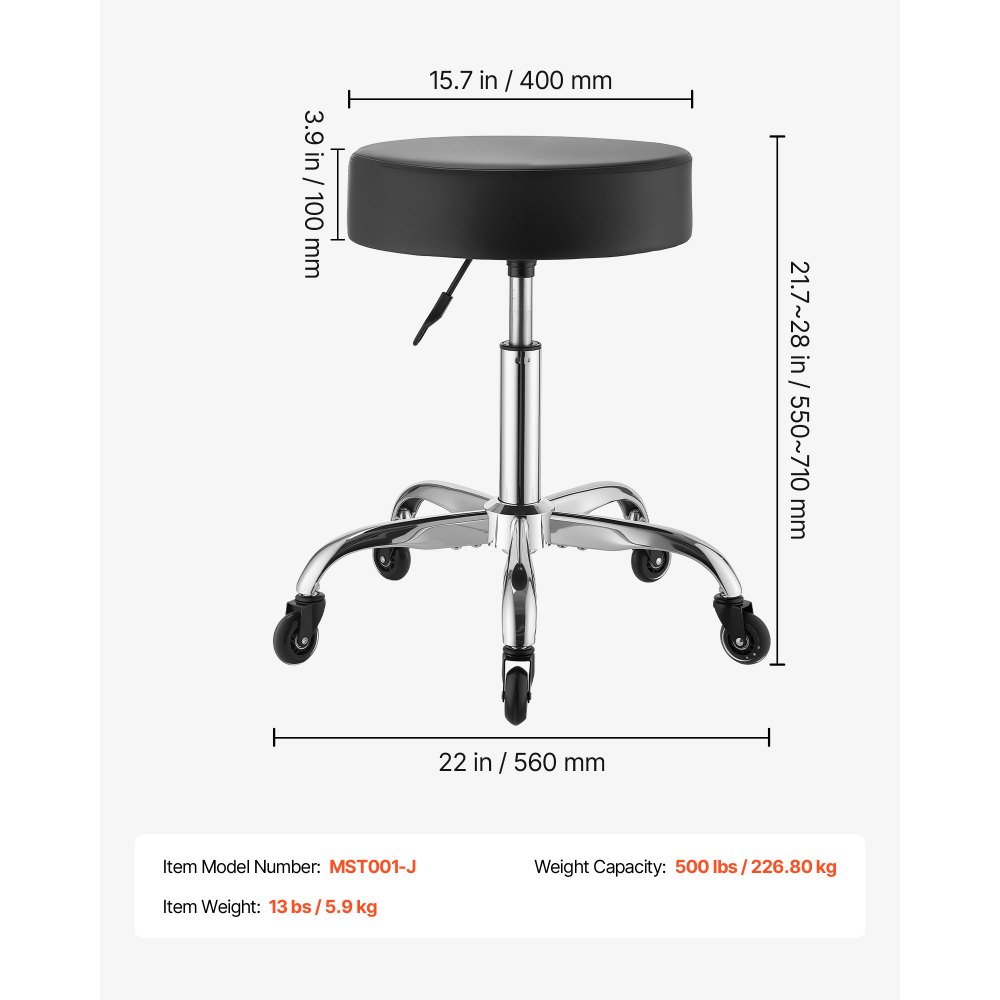 VEVOR Taburete Giratorio de Trabajo, Taburete con Ruedas, Capacidad de Carga de 226,8 kg, Altura Ajustable de 55-71 cm, Giro 360°, Asiento Ergonómico Acolchado, para Oficina Estudio Clínica Hogar