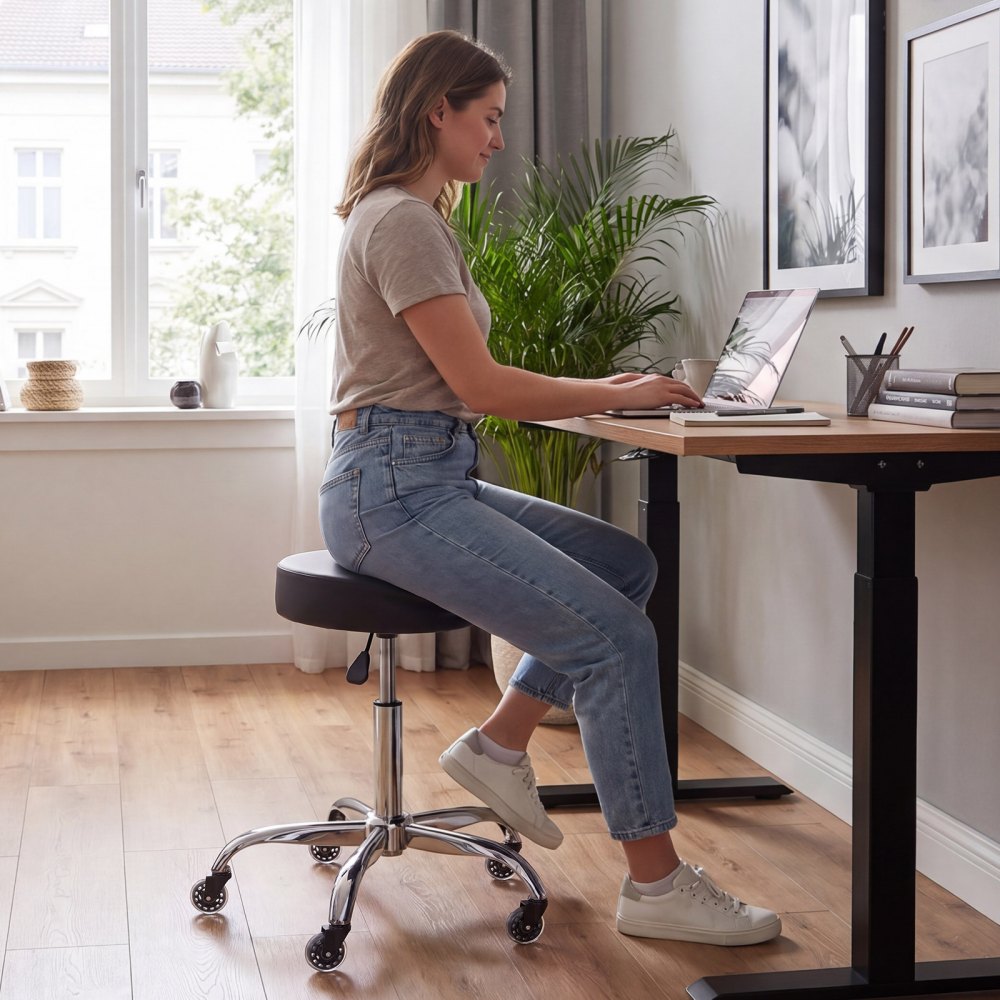 VEVOR Taburete Giratorio de Trabajo, Taburete con Ruedas, Capacidad de Carga de 226,8 kg, Altura Ajustable de 55-71 cm, Giro 360°, Asiento Ergonómico Acolchado, para Oficina Estudio Clínica Hogar