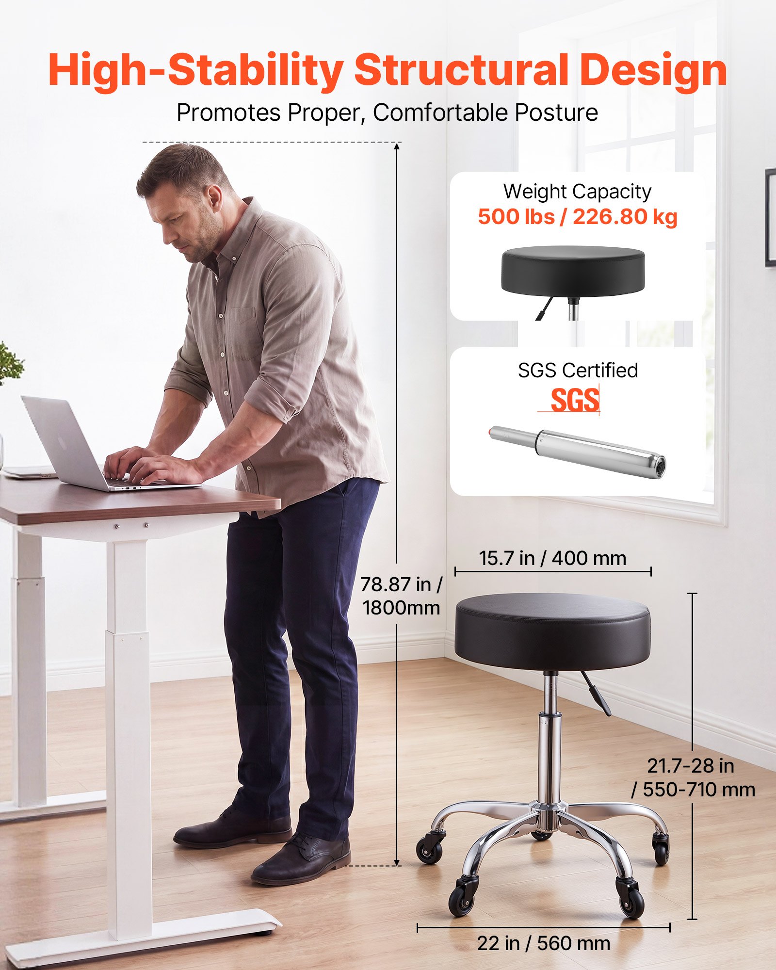 VEVOR Taburete Giratorio de Trabajo, Taburete con Ruedas, Capacidad de Carga de 226,8 kg, Altura Ajustable de 55-71 cm, Giro 360°, Asiento Ergonómico Acolchado, para Oficina Estudio Clínica Hogar