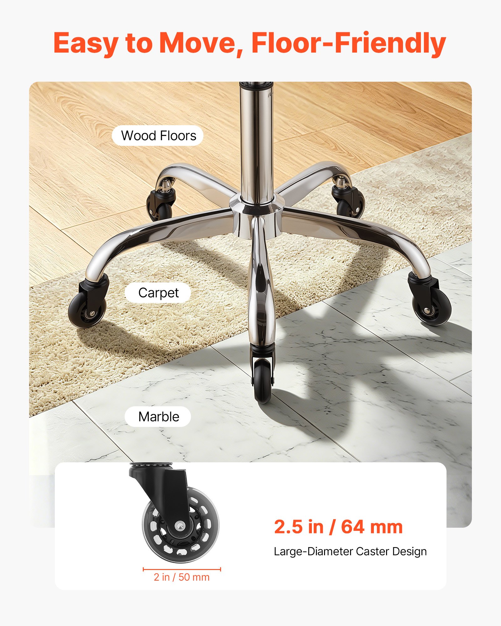 VEVOR Taburete Giratorio de Trabajo, Taburete con Ruedas, Capacidad de Carga de 226,8 kg, Altura Ajustable de 55-71 cm, Giro 360°, Asiento Ergonómico Acolchado, para Oficina Estudio Clínica Hogar