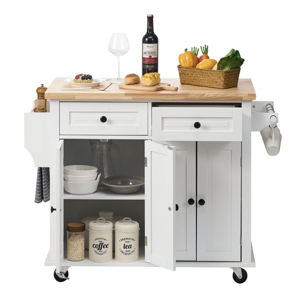 Isla de cocina VEVOR blanca con encimera de madera, armarios de almacenamiento, cajones y elementos esenciales de cocina.