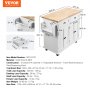 Isla de cocina VEVOR con 2 cajones, 4 gabinetes, estantes ajustables, toallero y estante para accesorios.