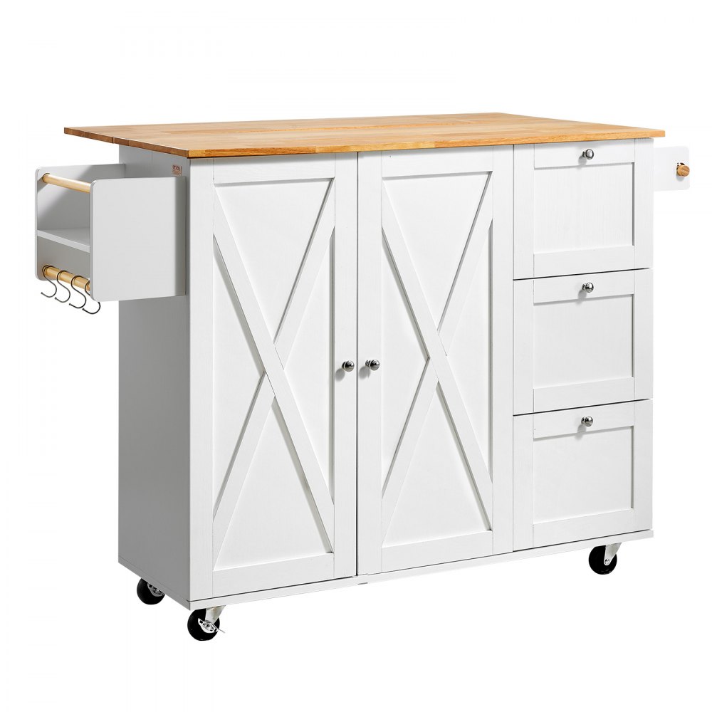 VEVOR Carro de Cocina con Tapa de Madera Maciza, 115 cm Carro Móvil con Armario de Almacenamiento sobre Ruedas, Mesa de Cocina Rodante con Estante de Especias, Toallero, Hoja Abatible y Cajón, Blanco
