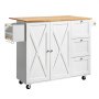 VEVOR Carro de Cocina con Tapa de Madera Maciza, 115 cm Carro Móvil con Armario de Almacenamiento sobre Ruedas, Mesa de Cocina Rodante con Estante de Especias, Toallero, Hoja Abatible y Cajón, Blanco