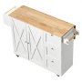 VEVOR Carro de Cocina con Tapa de Madera Maciza, 115 cm Carro Móvil con Armario de Almacenamiento sobre Ruedas, Mesa de Cocina Rodante con Estante de Especias, Toallero, Hoja Abatible y Cajón, Blanco