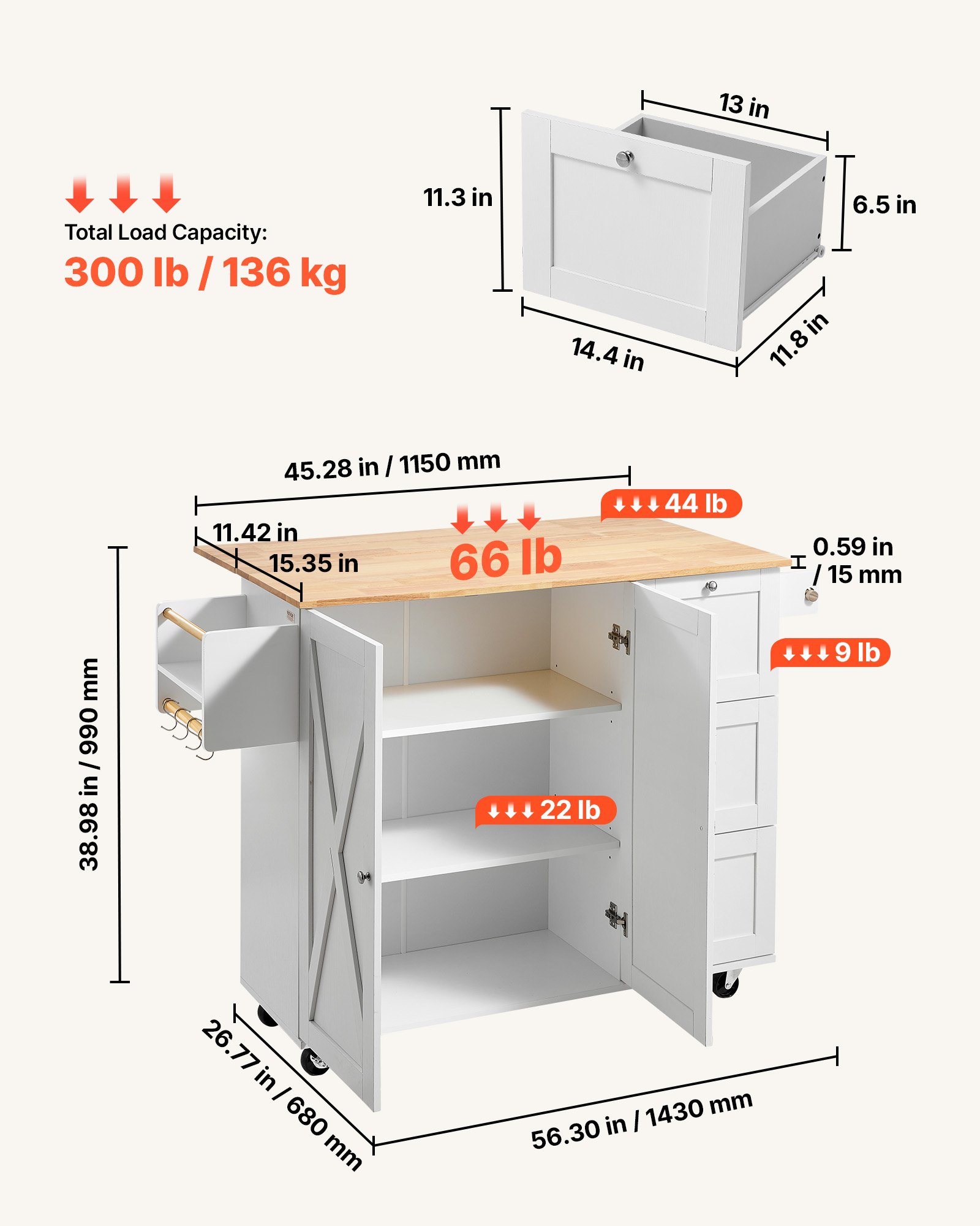 VEVOR Carro de Cocina con Tapa de Madera Maciza, 115 cm Carro Móvil con Armario de Almacenamiento sobre Ruedas, Mesa de Cocina Rodante con Estante de Especias, Toallero, Hoja Abatible y Cajón, Blanco