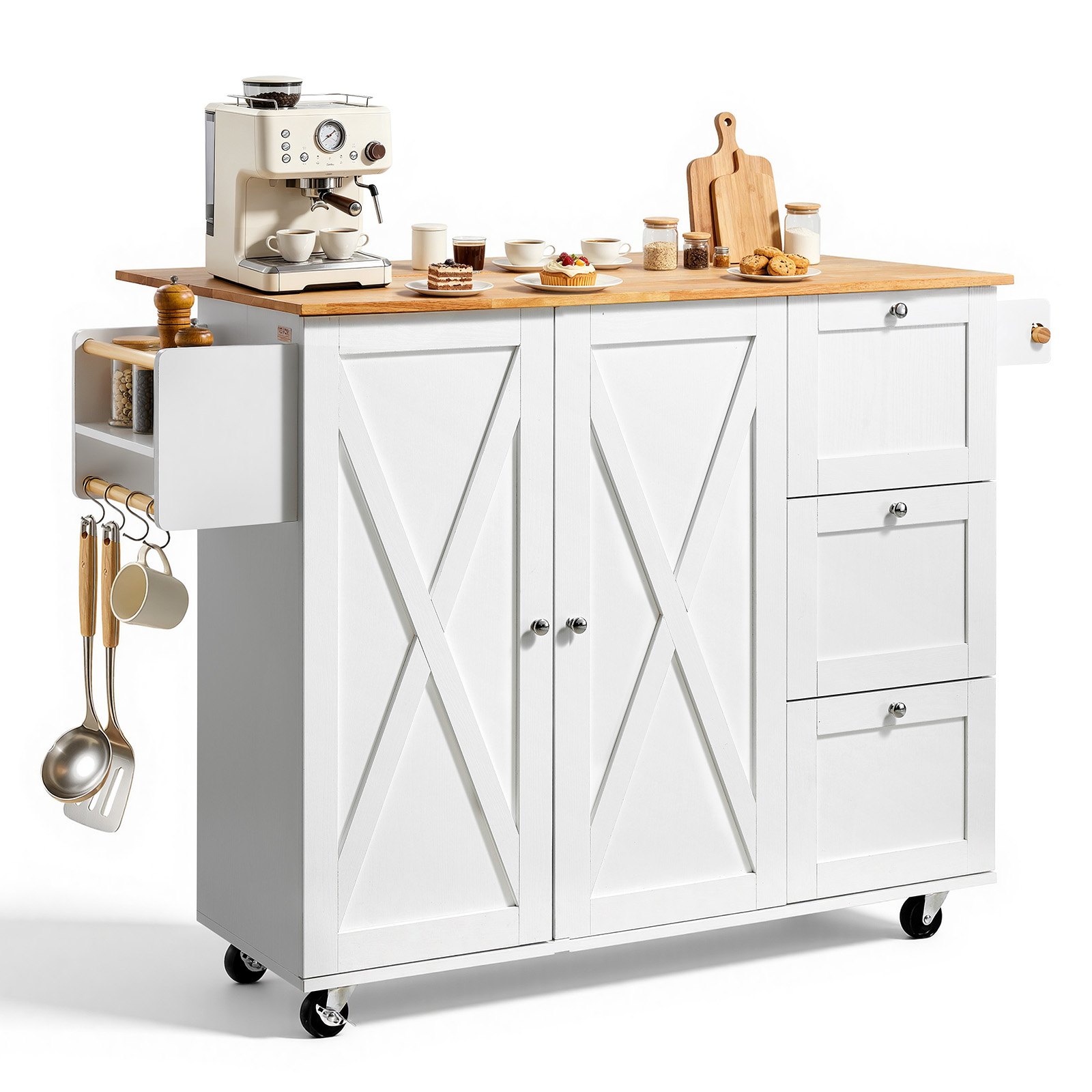 VEVOR Carro de Cocina con Tapa de Madera Maciza, 115 cm Carro Móvil con Armario de Almacenamiento sobre Ruedas, Mesa de Cocina Rodante con Estante de Especias, Toallero, Hoja Abatible y Cajón, Blanco