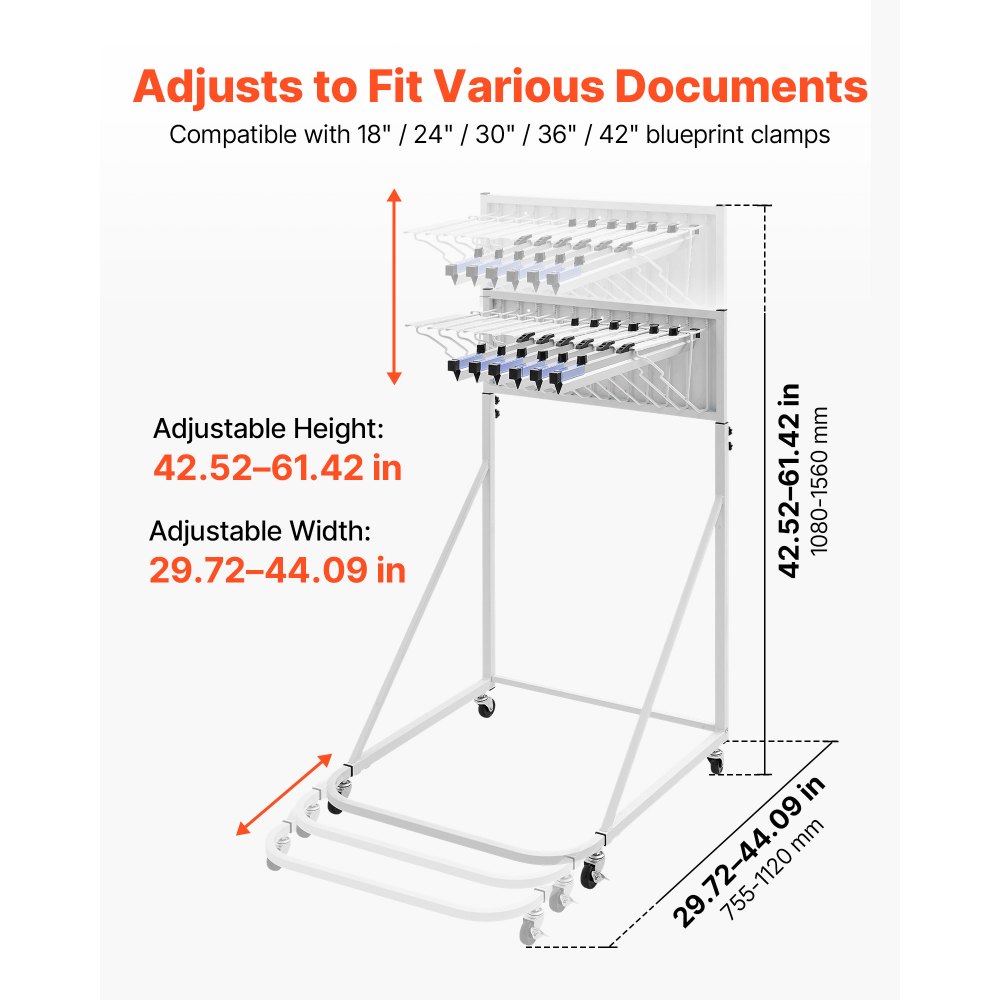 VEVOR Soporte de Almacenamiento para Planos, Estante Móvil y Ajustable para Exhibición de Blueprints, con 6 Piezas de Abrazaderas, Organizador de Carteles Mapas, para Oficina Construcción Arquitectura