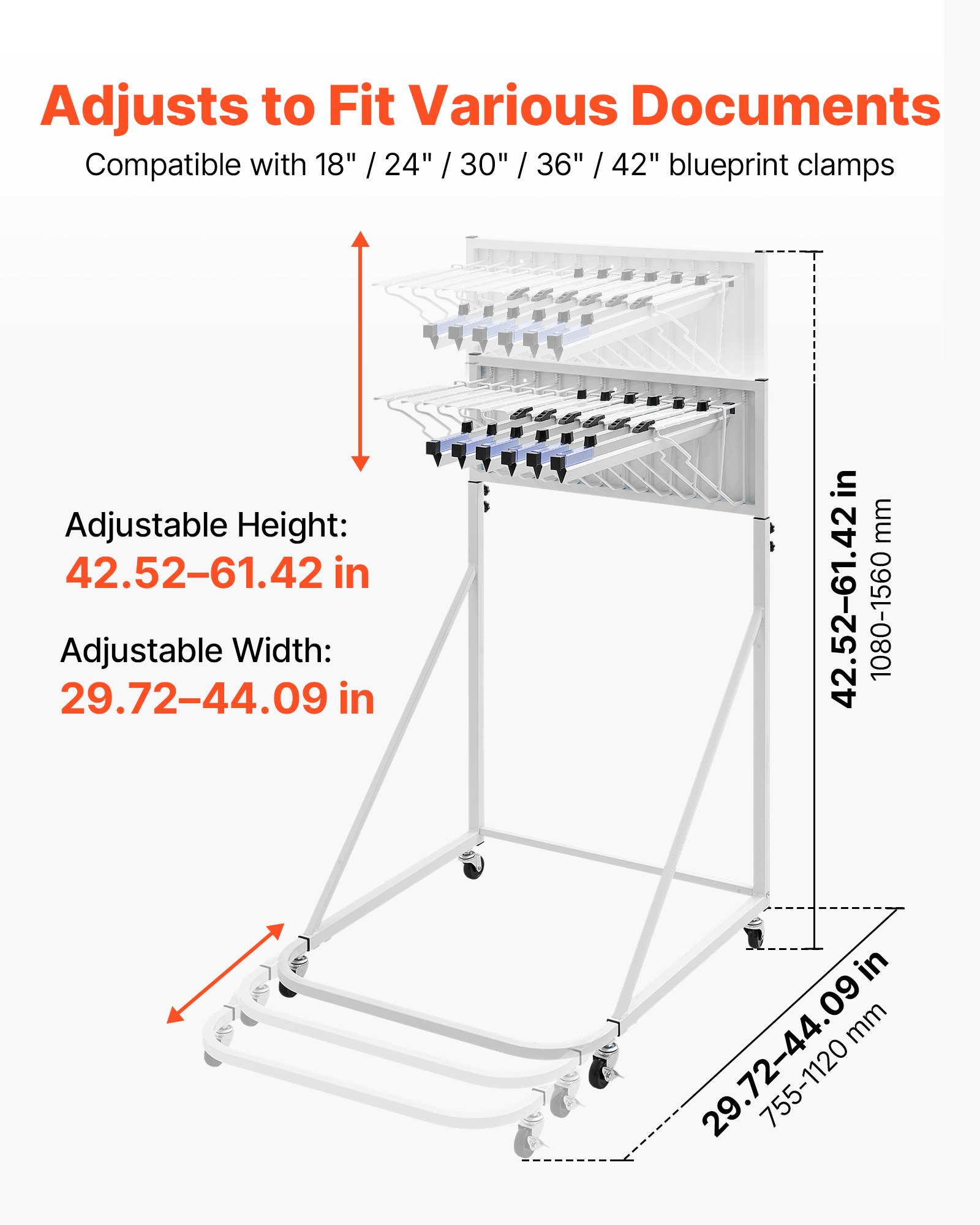 VEVOR Soporte de Almacenamiento para Planos, Estante Móvil y Ajustable para Exhibición de Blueprints, con 6 Piezas de Abrazaderas, Organizador de Carteles Mapas, para Oficina Construcción Arquitectura