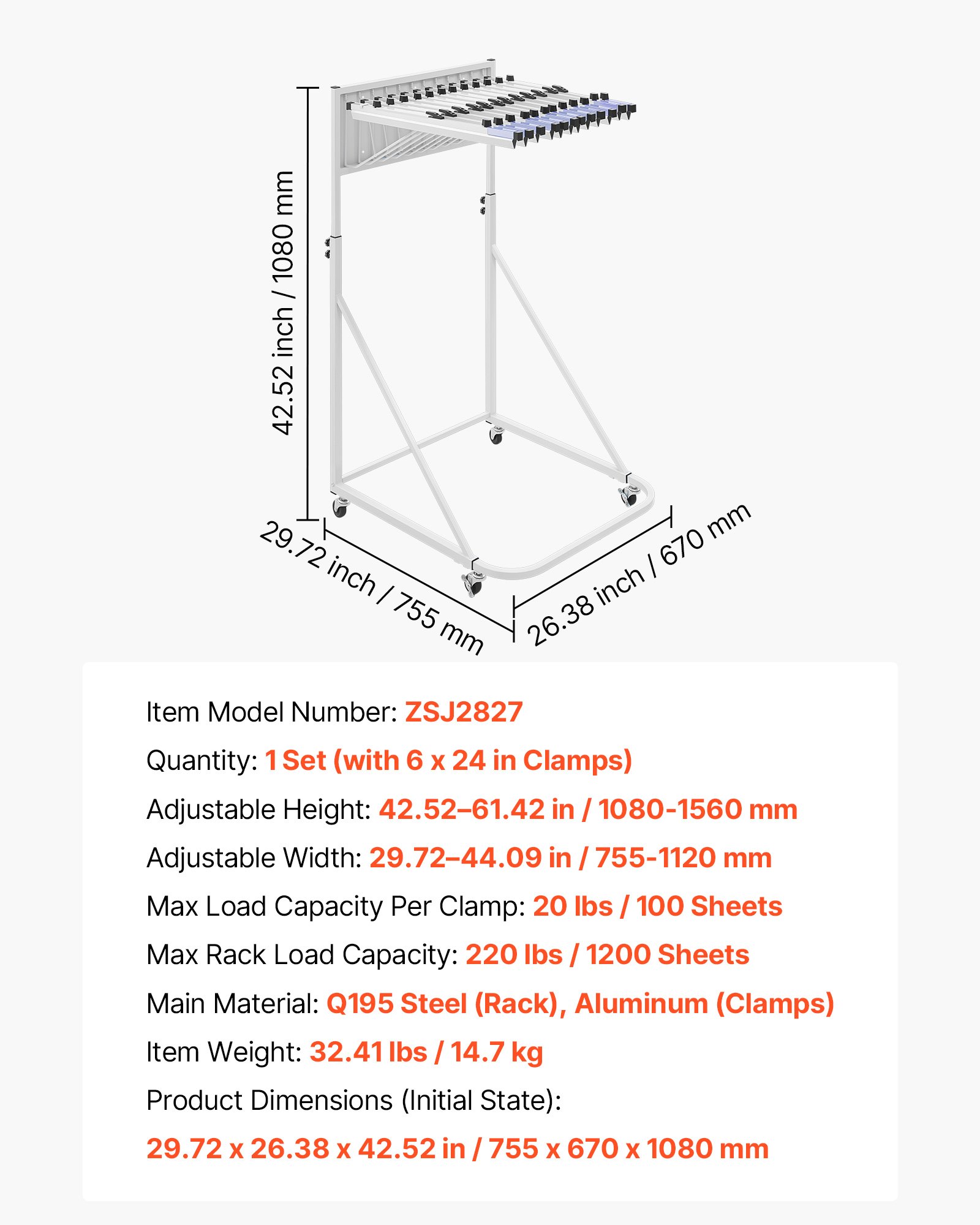 VEVOR Soporte de Almacenamiento para Planos, Estante Móvil y Ajustable para Exhibición de Blueprints, con 6 Piezas de Abrazaderas, Organizador de Carteles Mapas, para Oficina Construcción Arquitectura