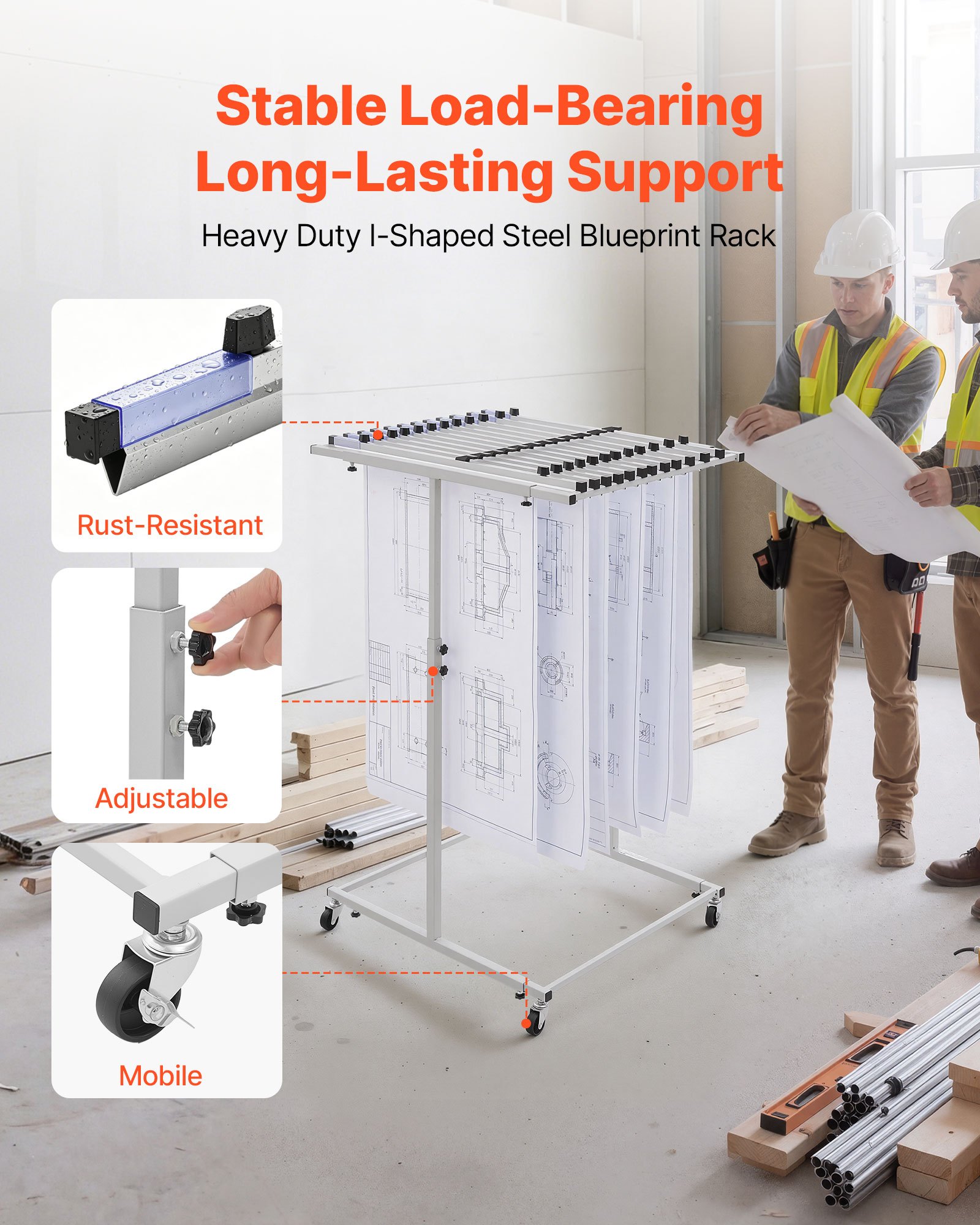 VEVOR Soporte de Almacenamiento para Planos, Estante Colgante para Blueprints, sin Abrazaderas, Móvil con Ruedas, Organizador para Mapas Carteles Archivos, para Ingeniería Construcción Oficina Hogar