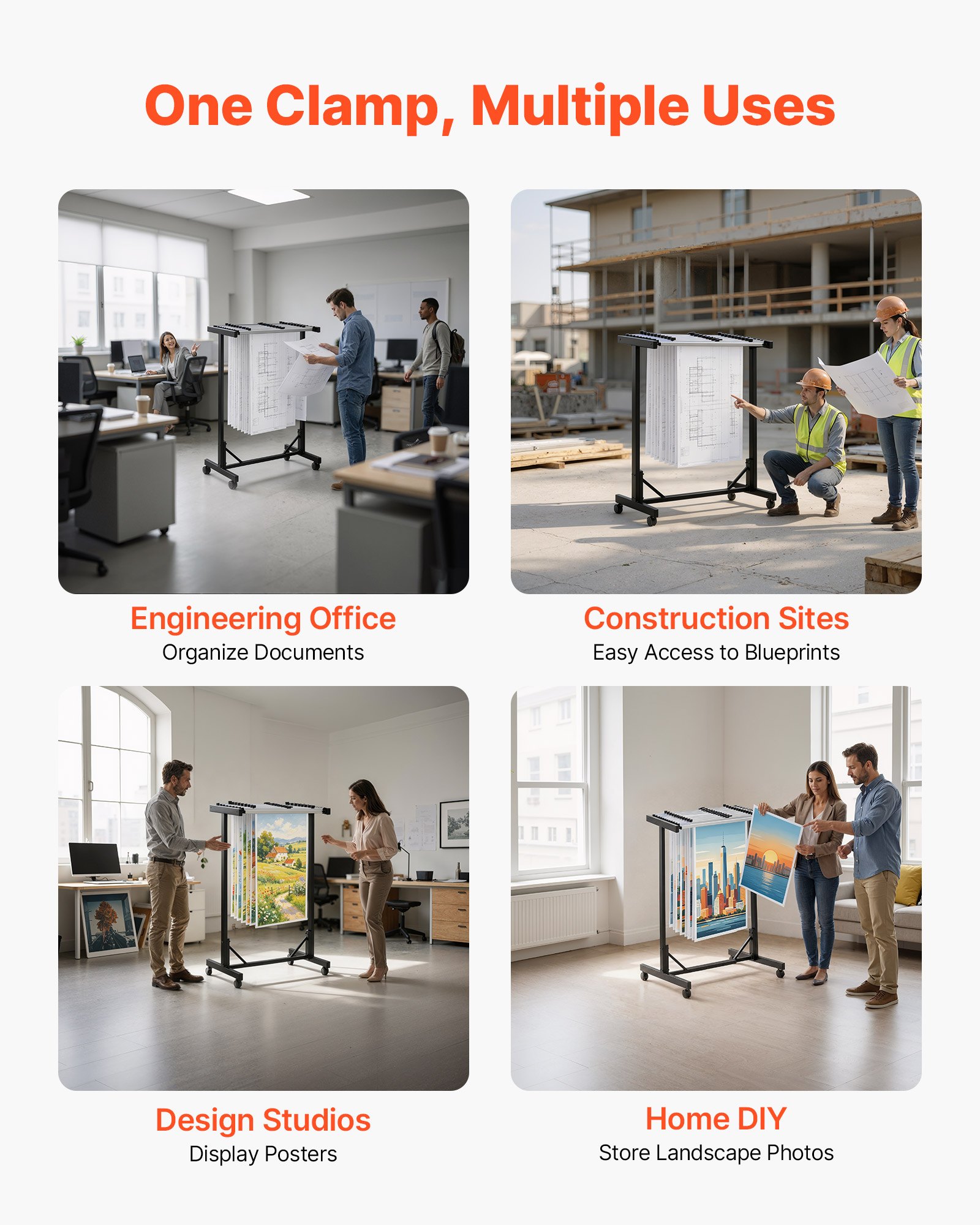 VEVOR Soporte de Almacenamiento para Planos, Estante de Metal con 12 Piezas de Abrazaderas y Ruedas, Organizador para Blueprints Mapas Pósteres Archivos, para Construcción Arquitectura Ingeniería