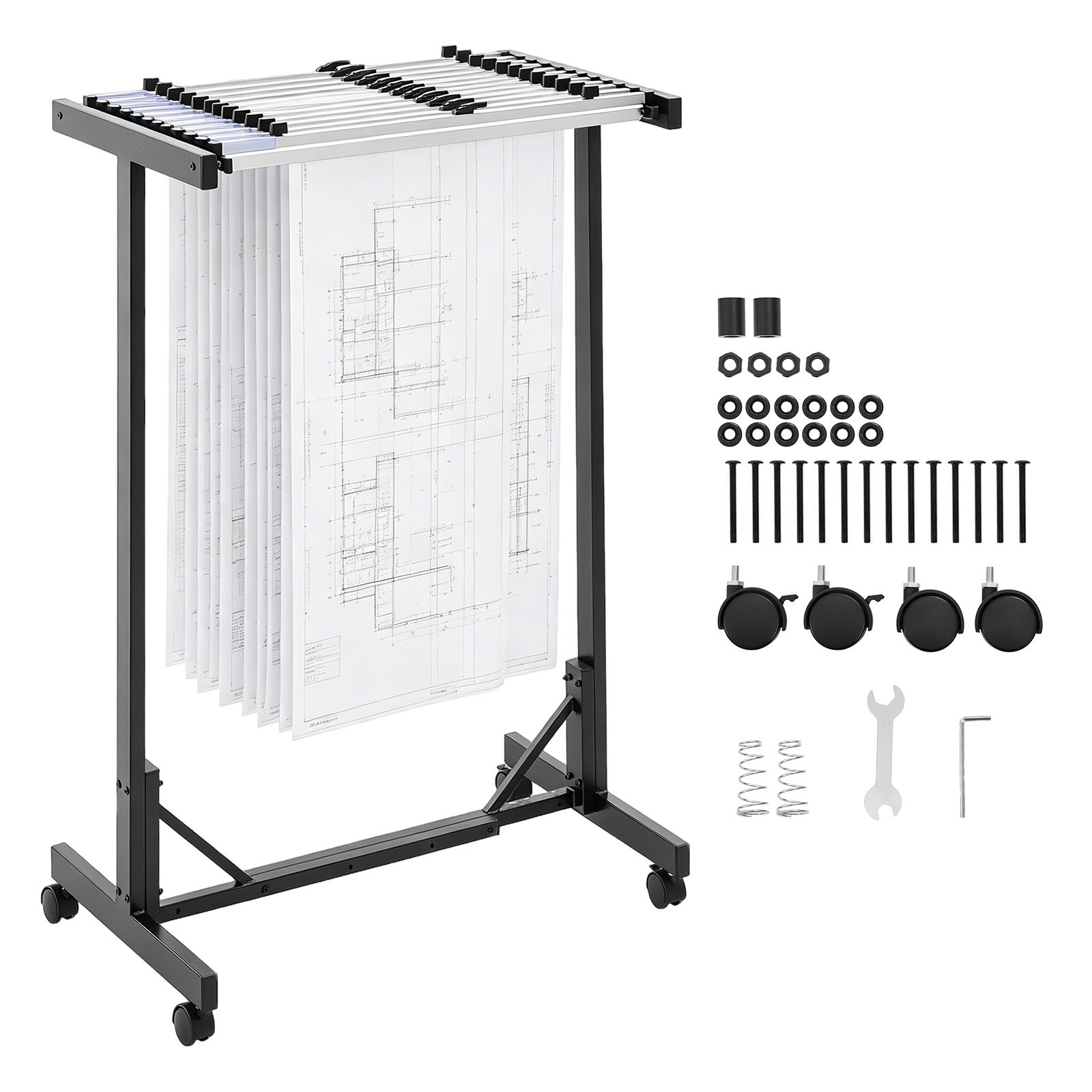 VEVOR Soporte de Almacenamiento para Planos, Estante de Metal con 12 Piezas de Abrazaderas y Ruedas, Organizador para Blueprints Mapas Pósteres Archivos, para Construcción Arquitectura Ingeniería