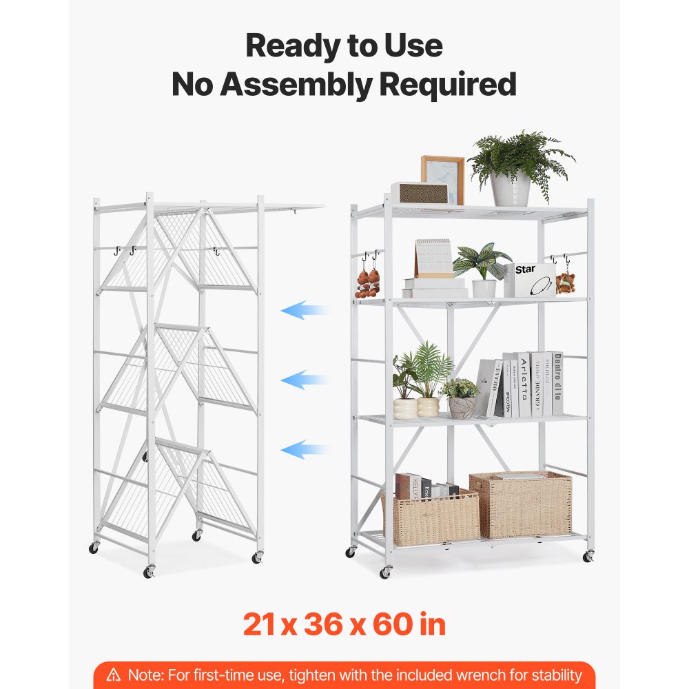 VEVOR 4-Tier Folding Shelving Unit with Wheels, 53x91x152 cm, Foldable Heavy-Duty Shelf, Assembly-Free Freestanding Shelf, Household Shelf, Kitchen Shelf, Metal Shelf for Garage, Kitchen, Basement, White