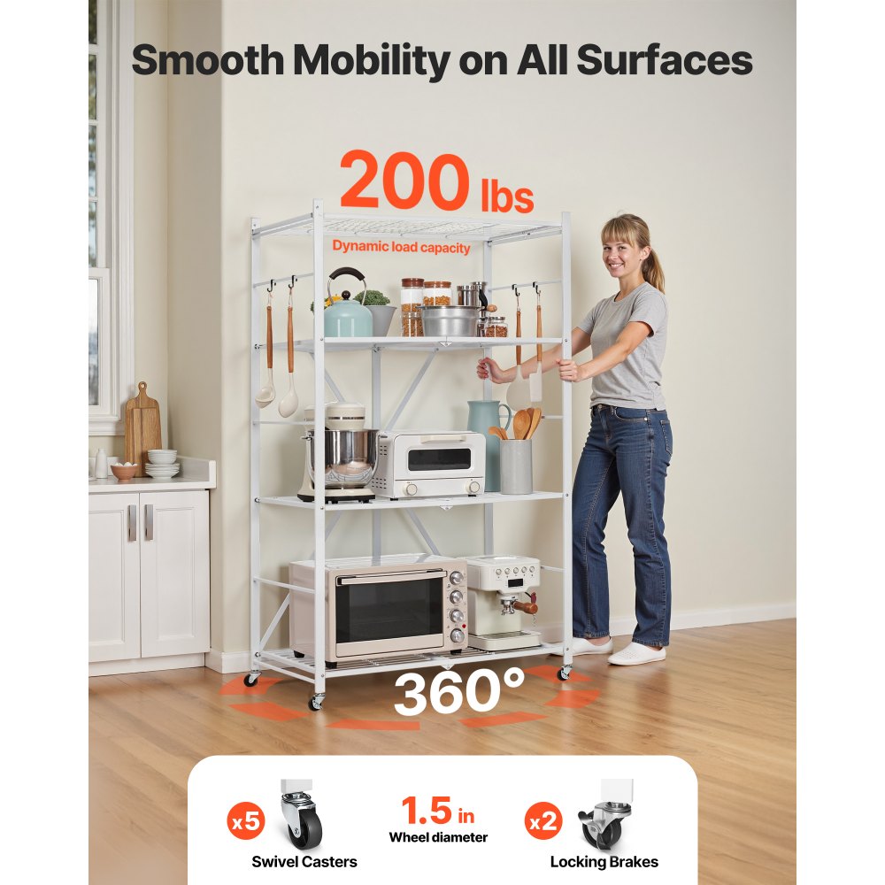 VEVOR 4-Tier Folding Shelving Unit with Wheels, 53x91x152 cm, Foldable Heavy-Duty Shelf, Assembly-Free Freestanding Shelf, Household Shelf, Kitchen Shelf, Metal Shelf for Garage, Kitchen, Basement, White